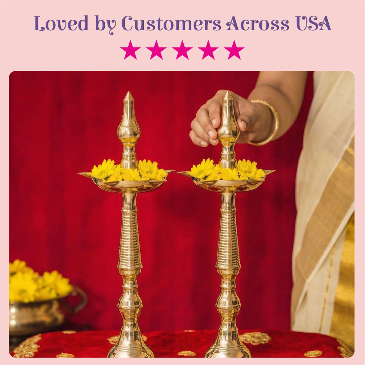 Two ct brass oil lamp diya samai deepak lamp with golden metallic finish and yellow marigold flowers for diwali decoration