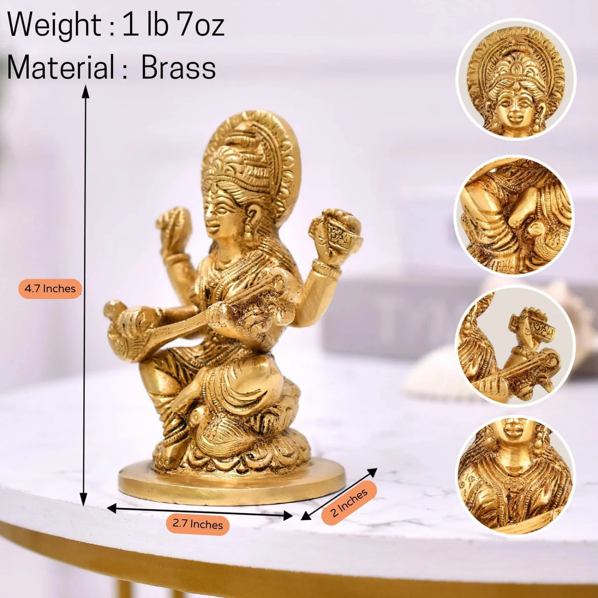 Brass Saraswati Statue Hindu Goddess of Knowledge Religious Beautiful Sitting on Lotus Saraswati Idol Sculpture for Basant Panchmi Home Temple Mandir Decor - Teacher’s Day Gift - LoveNspire