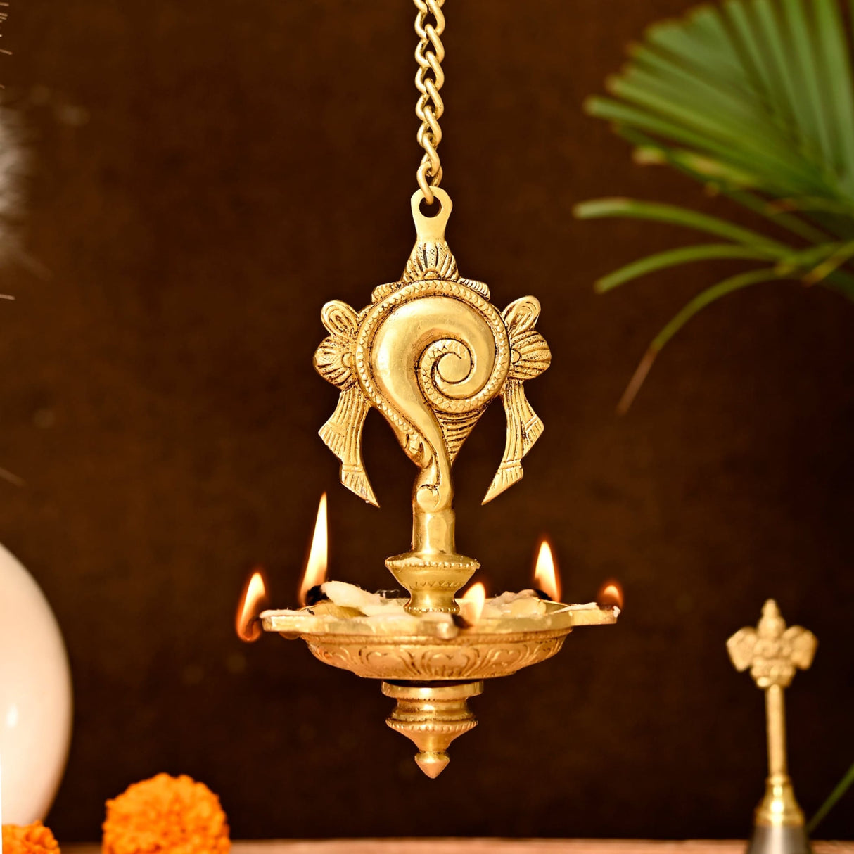 Brass Annam, Shank Wall Hanging Idol Oil Lamp Diya with Chain Hanging Oil Wick Diya Puja Gifting Entrance Home Decor Idol Kathu Vilakku Diyas for Pooja Temple Diwali Decor Idol Statue - LoveNspire