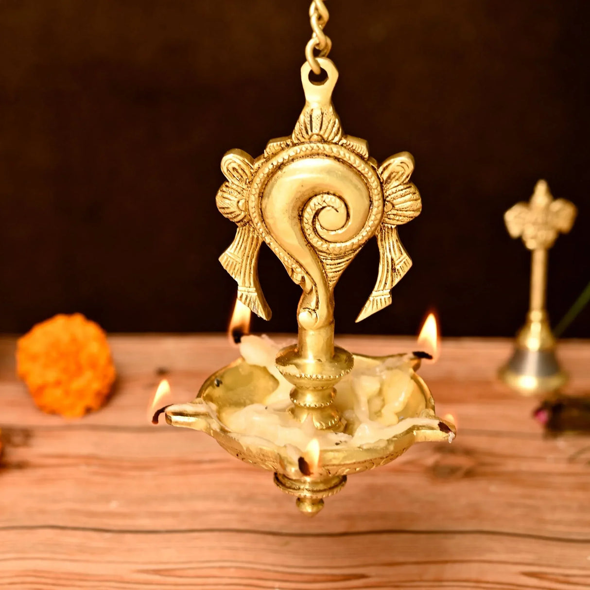 Brass Annam, Shank Wall Hanging Idol Oil Lamp Diya with Chain Hanging Oil Wick Diya Puja Gifting Entrance Home Decor Idol Kathu Vilakku Diyas for Pooja Temple Diwali Decor Idol Statue - LoveNspire