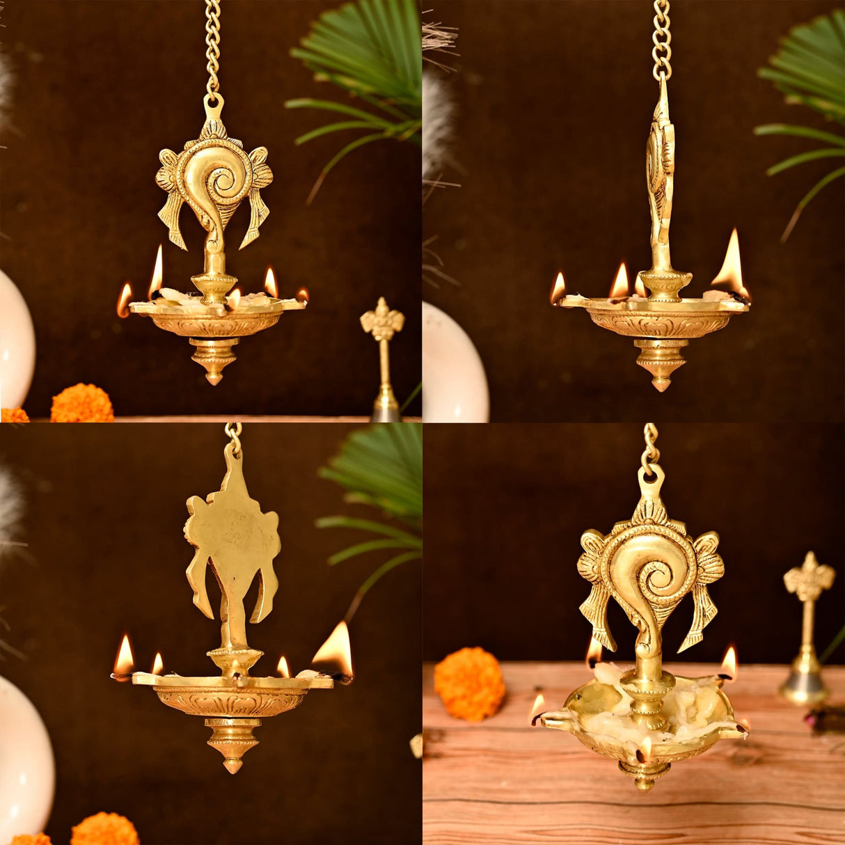 Brass Annam, Shank Wall Hanging Idol Oil Lamp Diya with Chain Hanging Oil Wick Diya Puja Gifting Entrance Home Decor Idol Kathu Vilakku Diyas for Pooja Temple Diwali Decor Idol Statue - LoveNspire