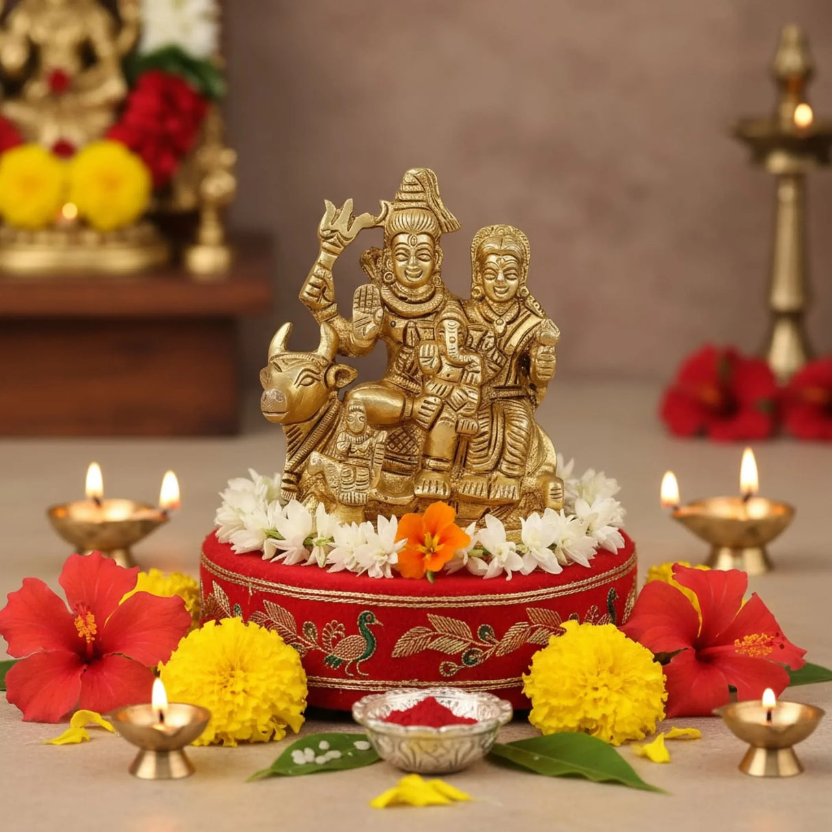 Brass Shiv Parivar Idol Statue Hindu God Shiva Parvati Ganesha Kartikeya Nandi Family Murti Sculpture - Pooja Home Temple Mandir Decor - Decorative Showpiece Housewarming Gift (3.7 Inches) - LoveNspire