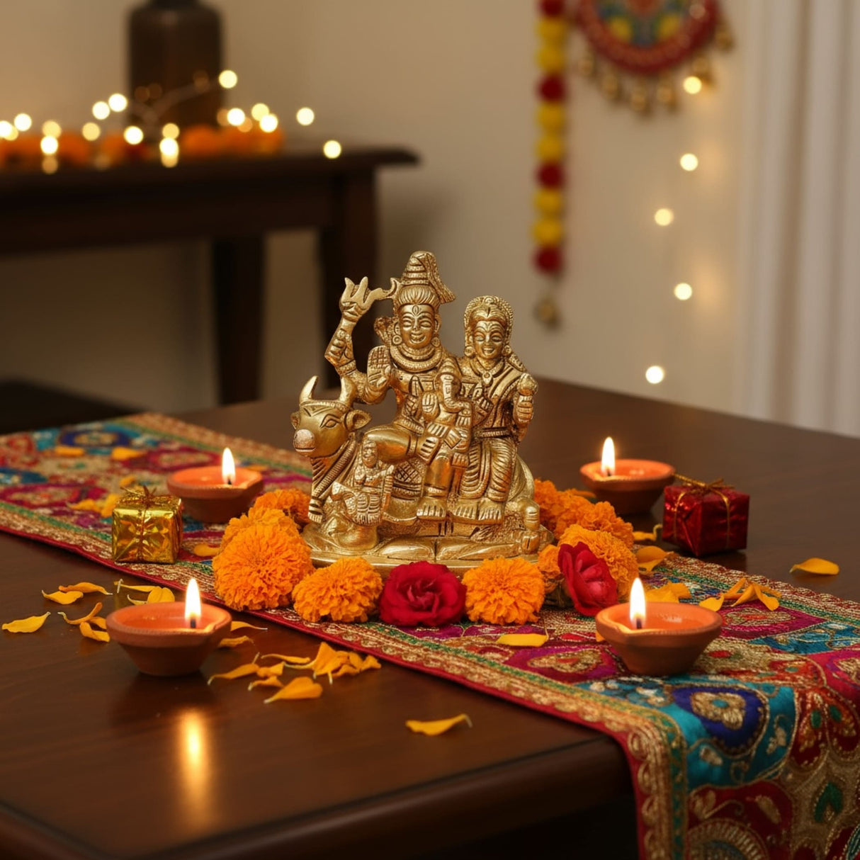 Golden Hindu deity statue with intricate details and vibrant marigold flowers for Pooja decor