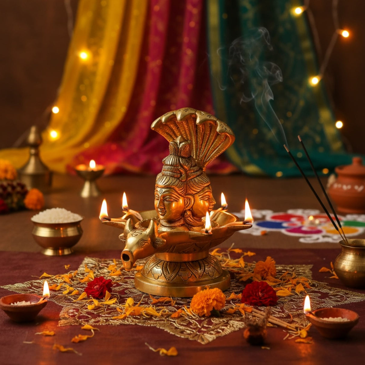 Golden elephant-shaped incense burner with floral decorations for Shiva Lingam Pooja decor