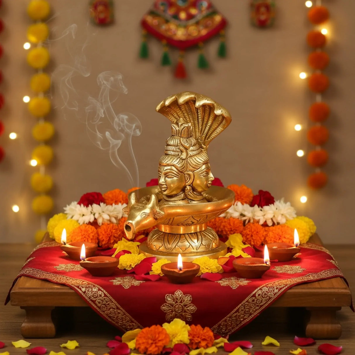 Brass Shiva Lingam Tripindi Shivling with Sheshnag for Hindu Festive Pooja Maha Shivratri Indian Puja Home Temple Mandir Decor - Lord Shiva Om Sculpture (5.5 Inch) - LoveNspire