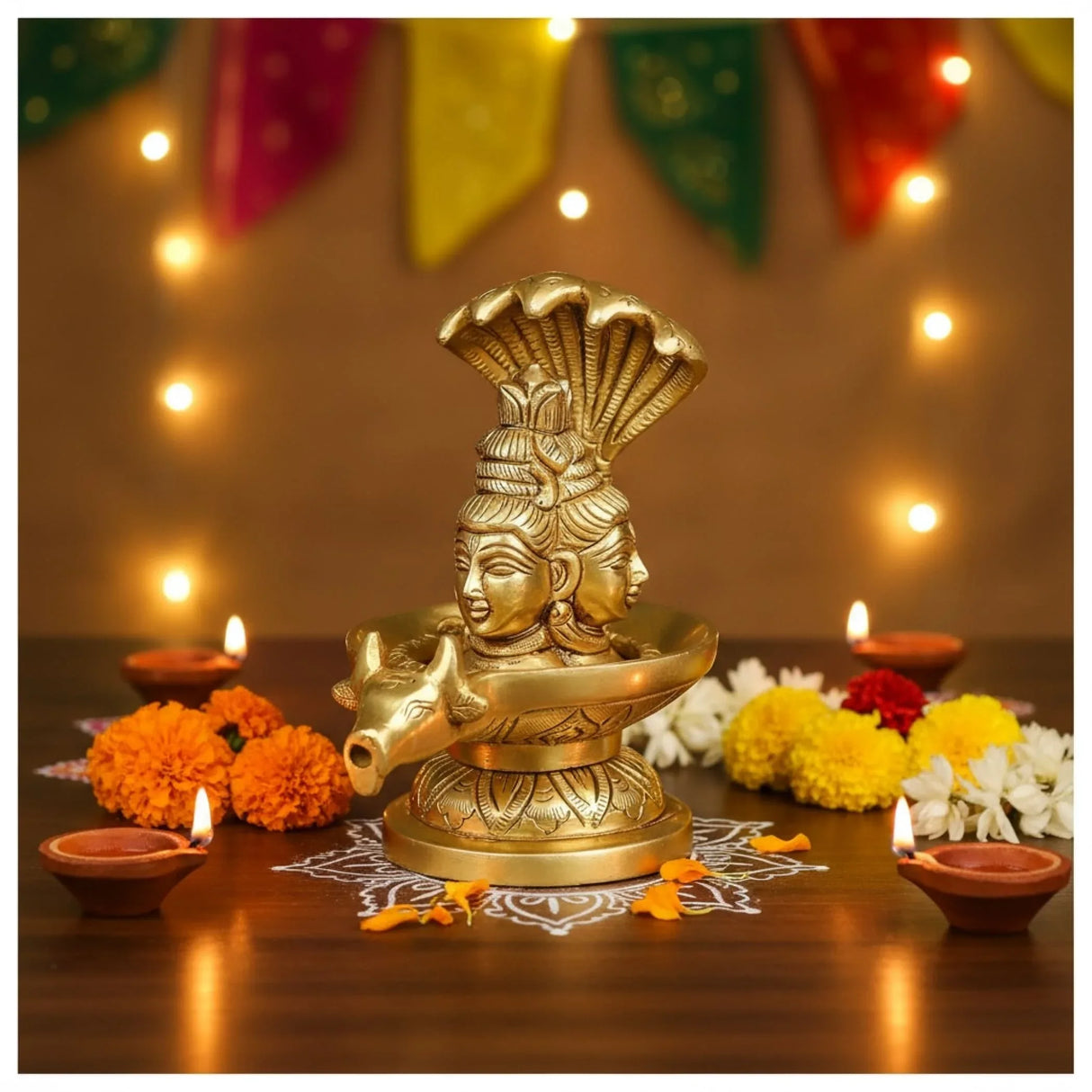 Brass Shiva Lingam Tripindi Shivling with Sheshnag for Hindu Festive Pooja Maha Shivratri Indian Puja Home Temple Mandir Decor - Lord Shiva Om Sculpture (5.5 Inch) - LoveNspire