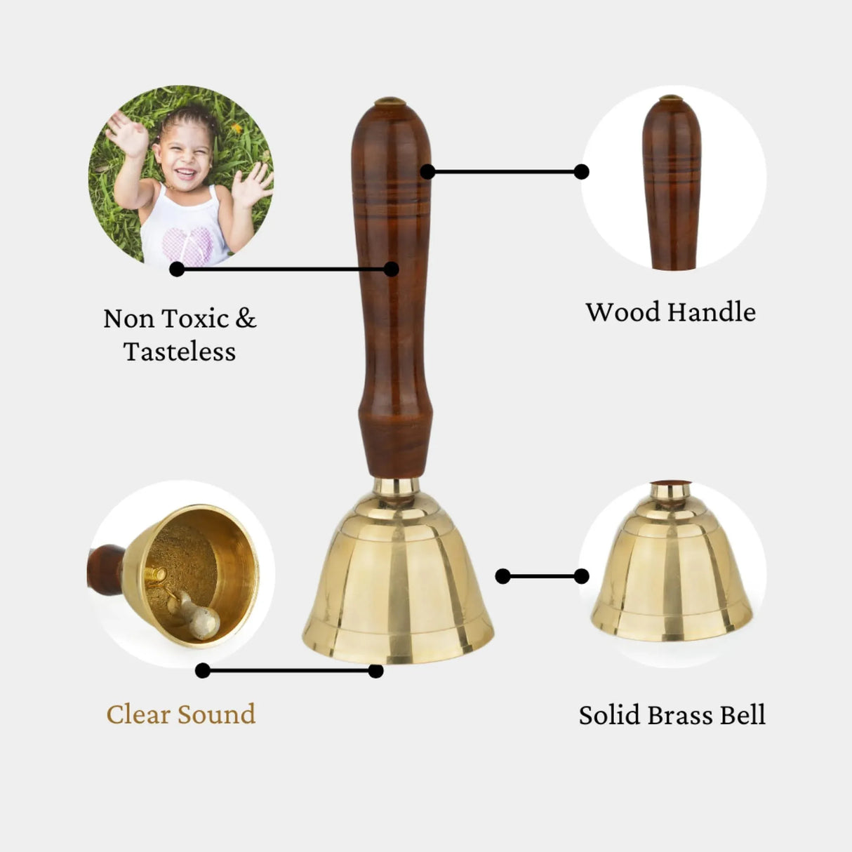 Solid Brass Bell Hand Call Bell for School Teacher Indian Weddings Christmas Pooja Room Temple Handheld Extra Loud Prayer Bells with Wooden Handle - Perfect for any Occasion - LoveNspire