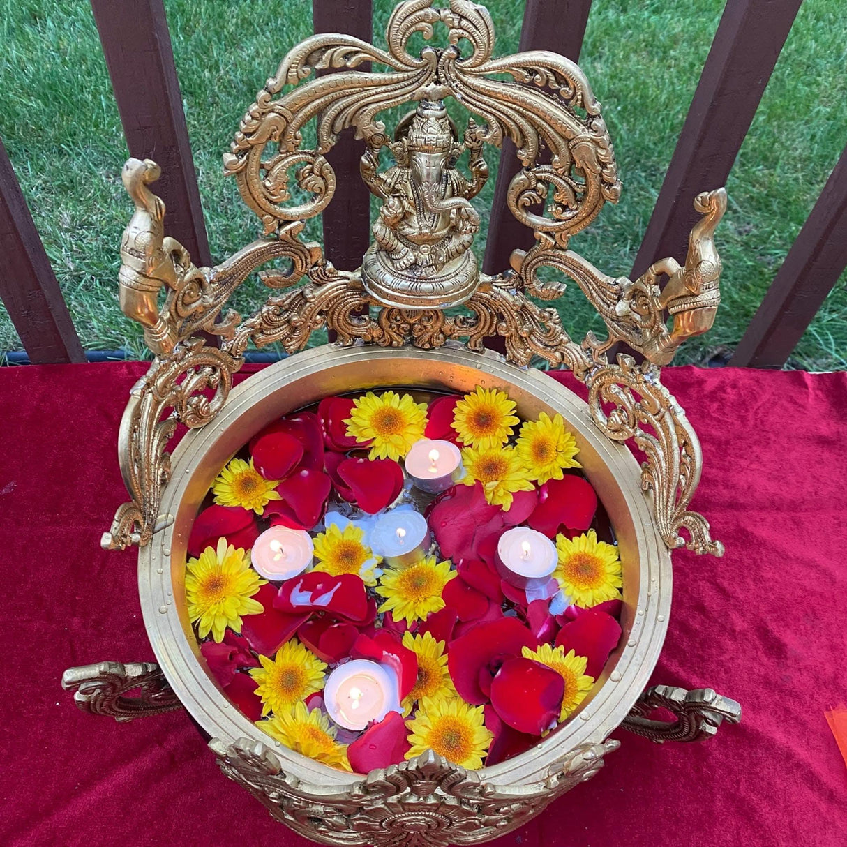 Brass Urli Bowl 15.25 Inch Indian Ethnic Ganesha Urli Bowls for Floating Flowers Tea Light Candles Home Temple Office Table Pooja Room Decor Diwali Decoration Showpiece Housewarming Gift - LoveNspire