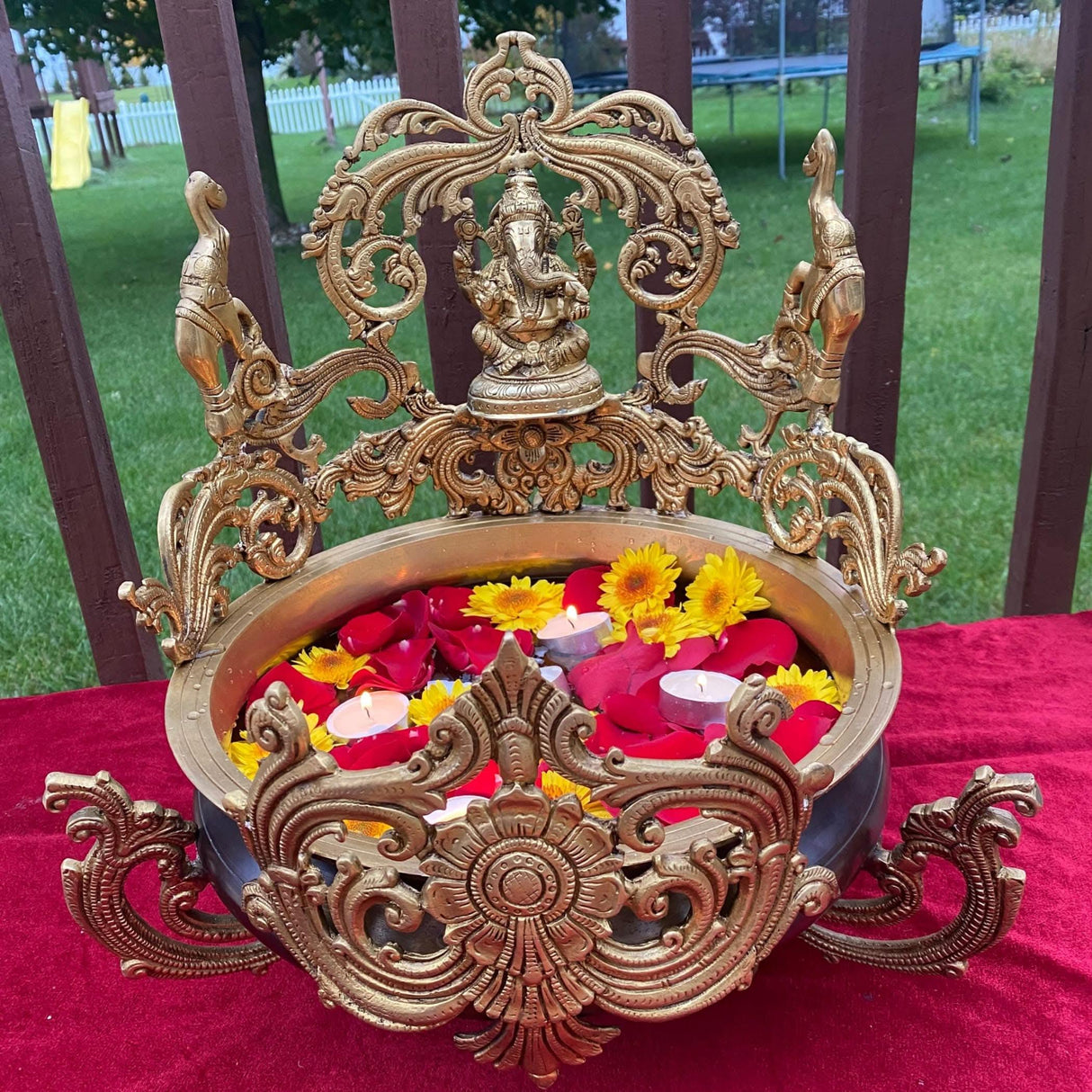 Brass Urli Bowl 15.25 Inch Indian Ethnic Ganesha Urli Bowls for Floating Flowers Tea Light Candles Home Temple Office Table Pooja Room Decor Diwali Decoration Showpiece Housewarming Gift - LoveNspire