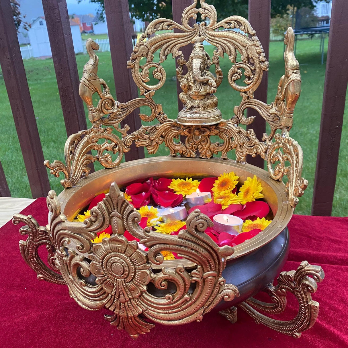 Brass Urli Bowl 15.25 Inch Indian Ethnic Ganesha Urli Bowls for Floating Flowers Tea Light Candles Home Temple Office Table Pooja Room Decor Diwali Decoration Showpiece Housewarming Gift - LoveNspire