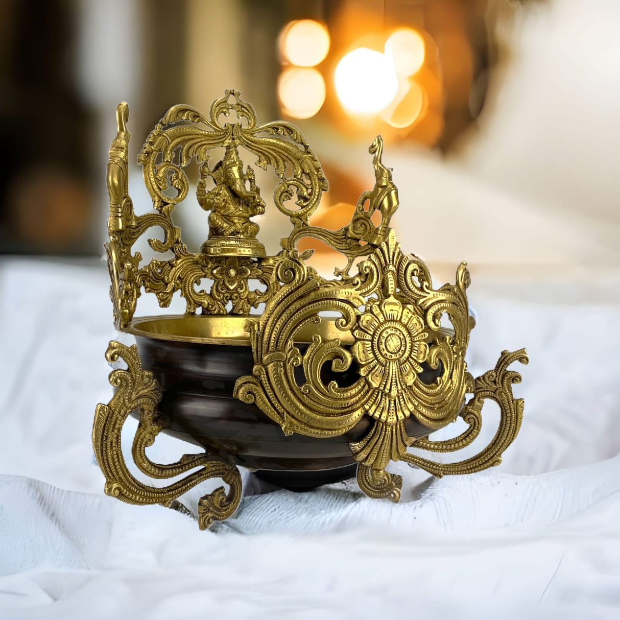 Brass Urli Bowl 15.25 Inch Indian Ethnic Ganesha Urli Bowls for Floating Flowers Tea Light Candles Home Temple Office Table Pooja Room Decor Diwali Decoration Showpiece Housewarming Gift - LoveNspire