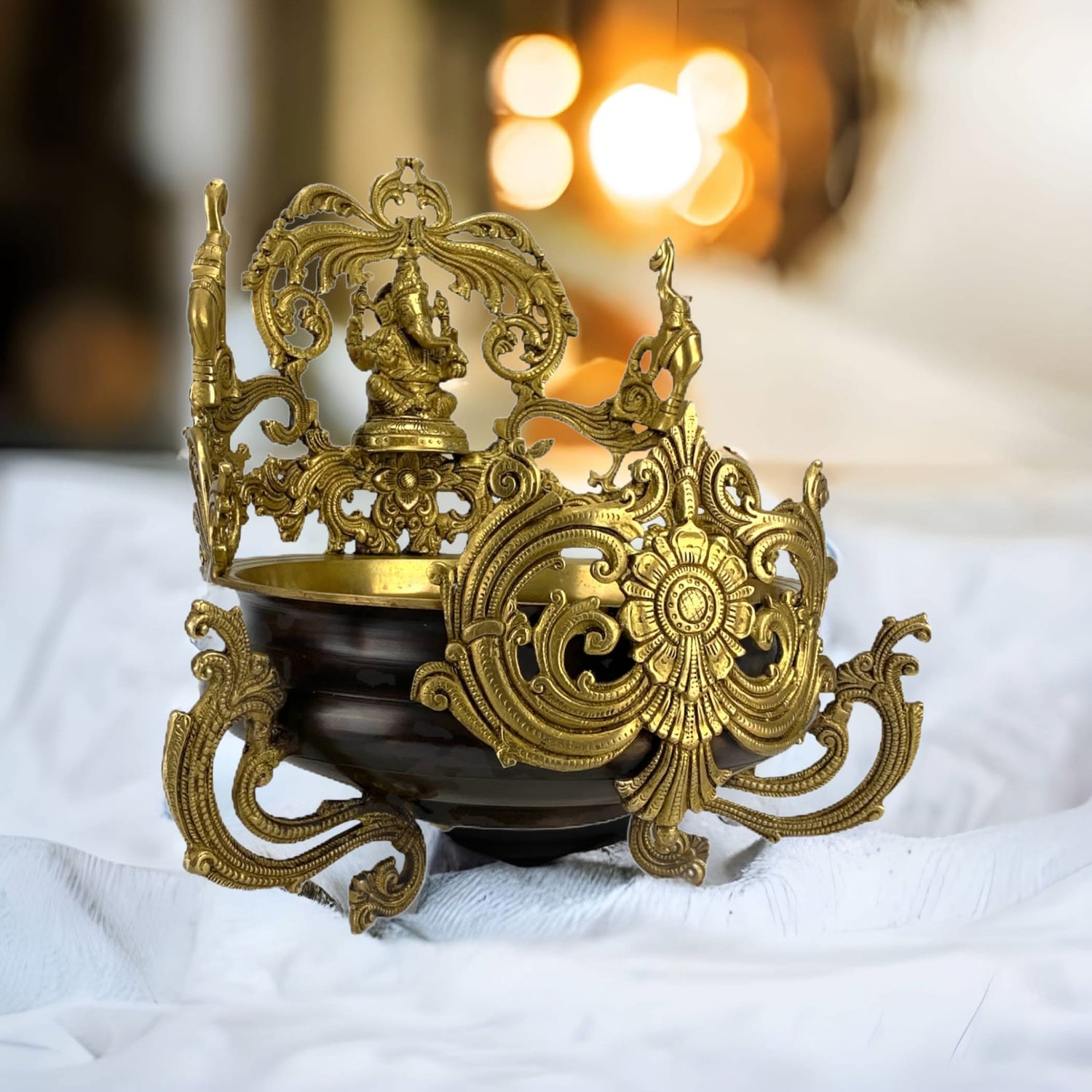 Brass Urli Bowl 15.25 Inch Indian Ethnic Ganesha Urli Bowls for Floating Flowers Tea Light Candles Home Temple Office Table Pooja Room Decor Diwali Decoration Showpiece Housewarming Gift - LoveNspire