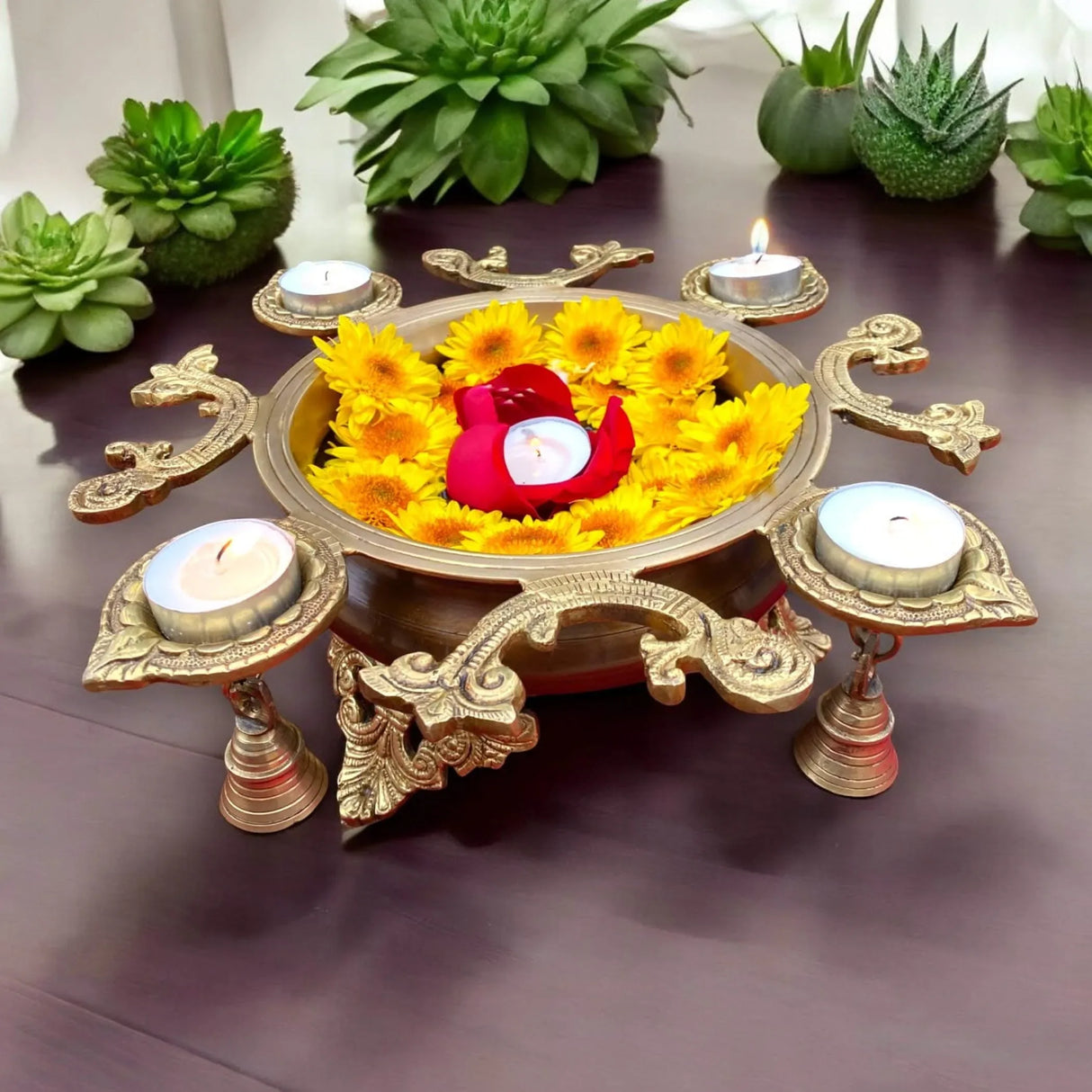 LOVENSPIRE Brass Urli Bowl with Diya Bells 13" Flower Decorative Urli Bowls for Floating Flowers Tea Light Candles Home Office Table Diwali Decor Indian Ethnic Showpiece (4 Diya) - LoveNspire