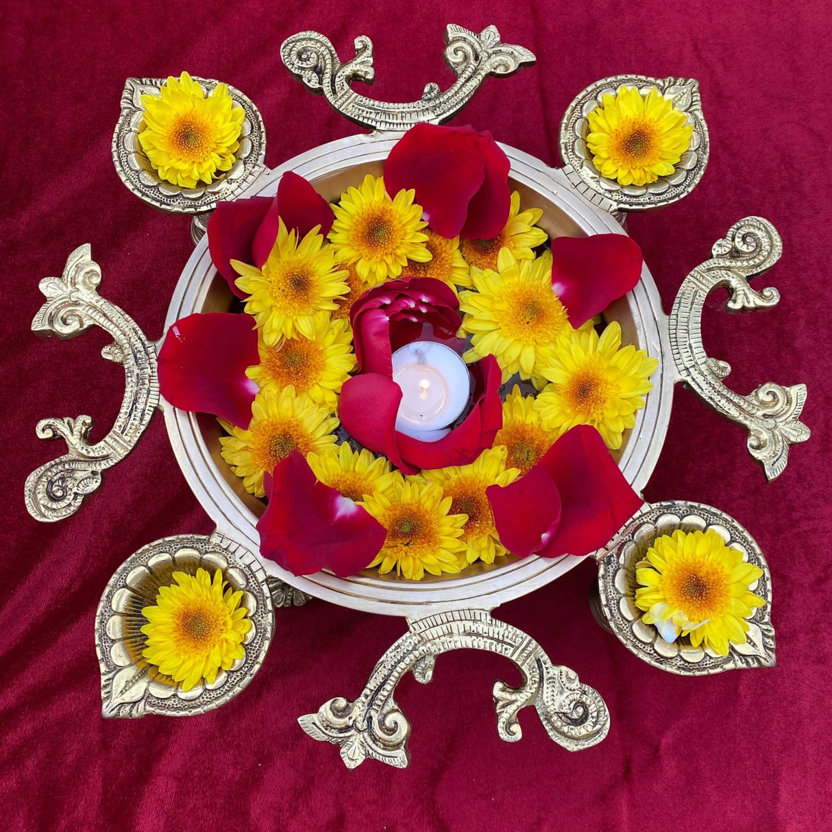 LOVENSPIRE Brass Urli Bowl with Diya Bells 13" Flower Decorative Urli Bowls for Floating Flowers Tea Light Candles Home Office Table Diwali Decor Indian Ethnic Showpiece (4 Diya) - LoveNspire