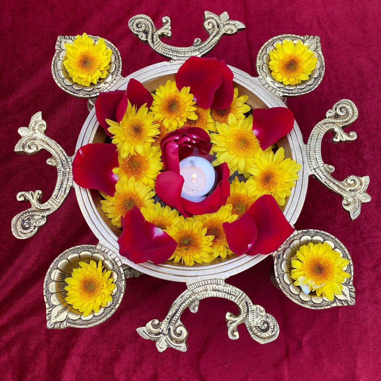 LOVENSPIRE Brass Urli Bowl with Diya Bells 13" Flower Decorative Urli Bowls for Floating Flowers Tea Light Candles Home Office Table Diwali Decor Indian Ethnic Showpiece (4 Diya) - LoveNspire