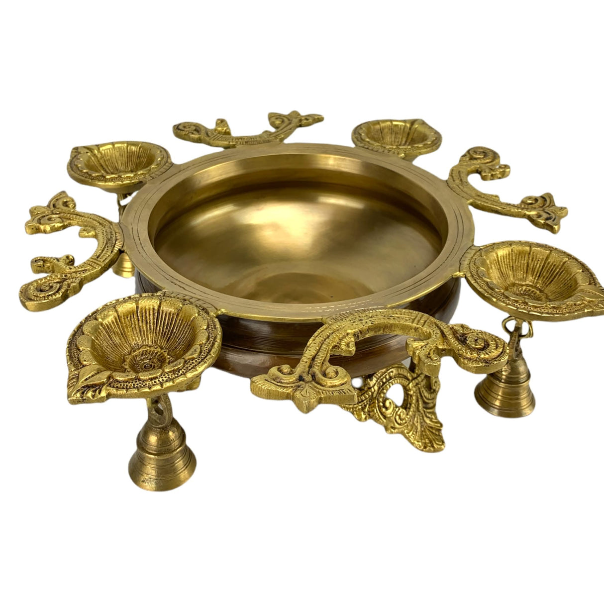 LOVENSPIRE Brass Urli Bowl with Diya Bells 13" Flower Decorative Urli Bowls for Floating Flowers Tea Light Candles Home Office Table Diwali Decor Indian Ethnic Showpiece (4 Diya) - LoveNspire