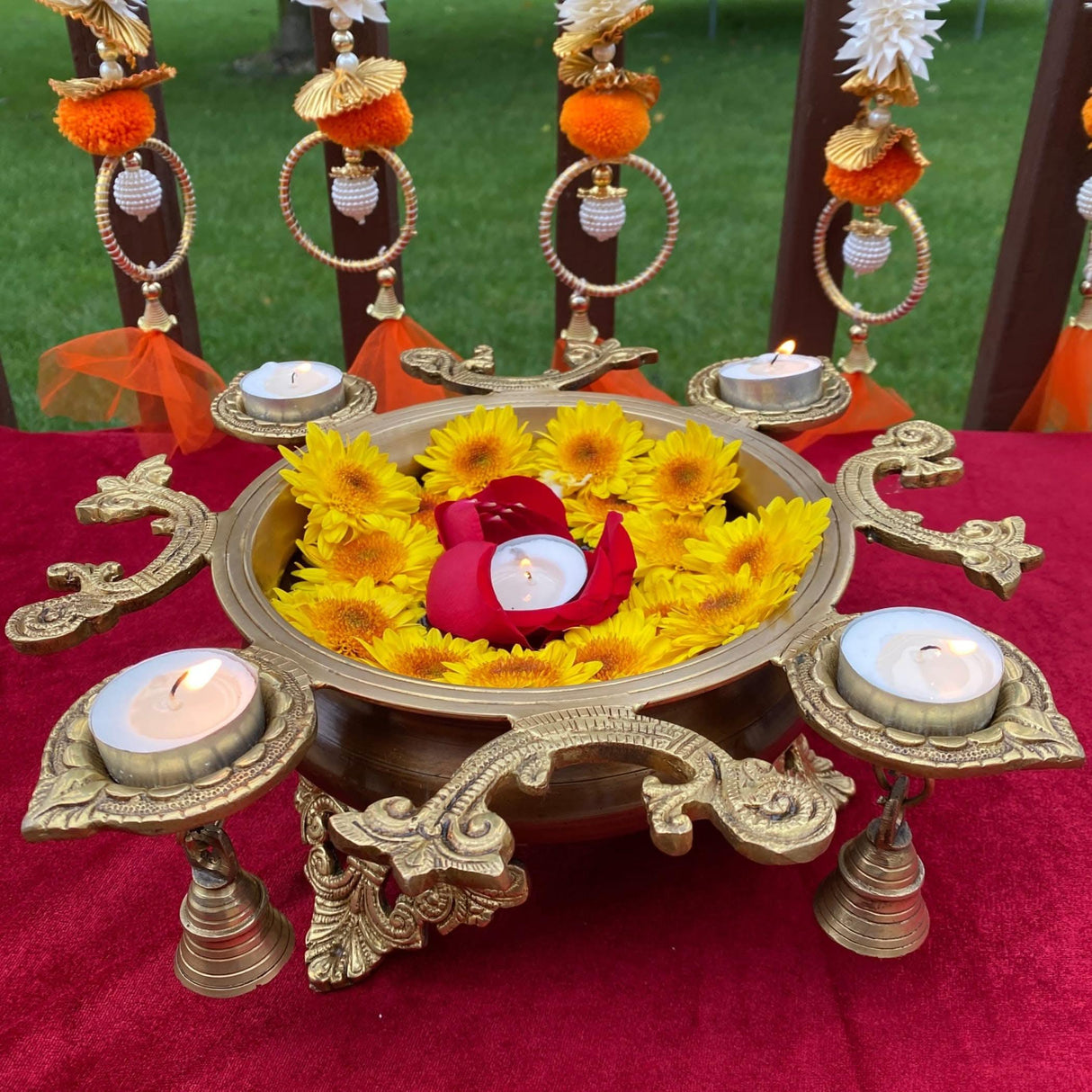 LOVENSPIRE Brass Urli Bowl with Diya Bells 13" Flower Decorative Urli Bowls for Floating Flowers Tea Light Candles Home Office Table Diwali Decor Indian Ethnic Showpiece (4 Diya) - LoveNspire