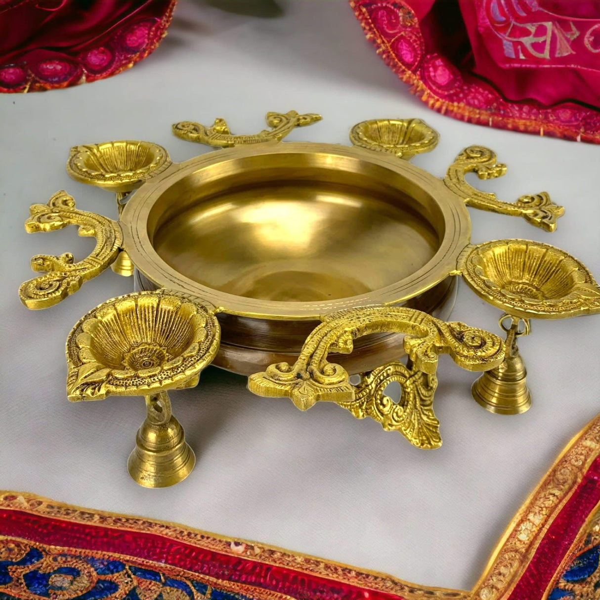 LOVENSPIRE Brass Urli Bowl with Diya Bells 13" Flower Decorative Urli Bowls for Floating Flowers Tea Light Candles Home Office Table Diwali Decor Indian Ethnic Showpiece (4 Diya) - LoveNspire