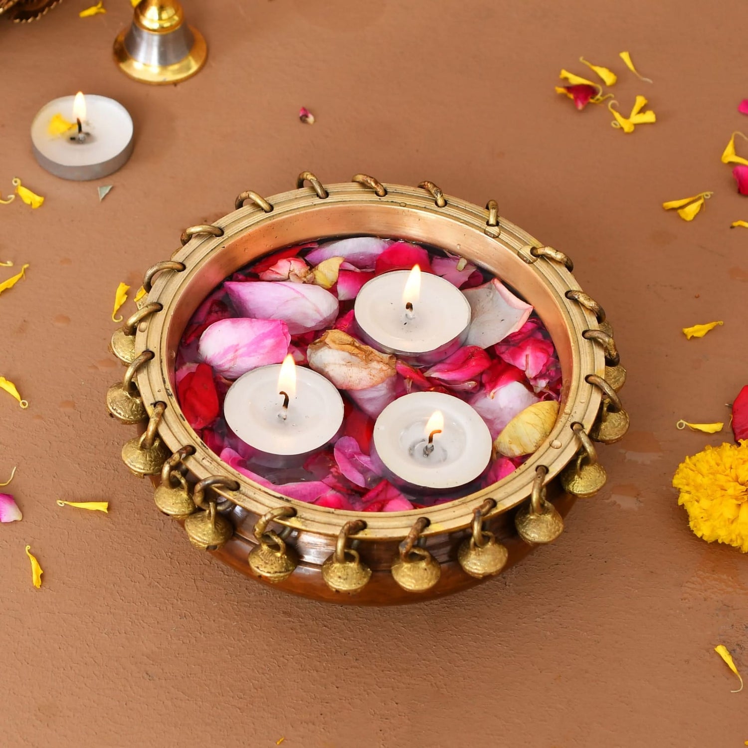 LOVENSPIRE Brass Urli Bowl with Ghungroo 2.7 Inch Indian Ethnic Urli Bowls for Floating Flowers Tea Light Candles Home Office Pooja Room Diwali Decor Showpiece Housewarming Gift - LoveNspire