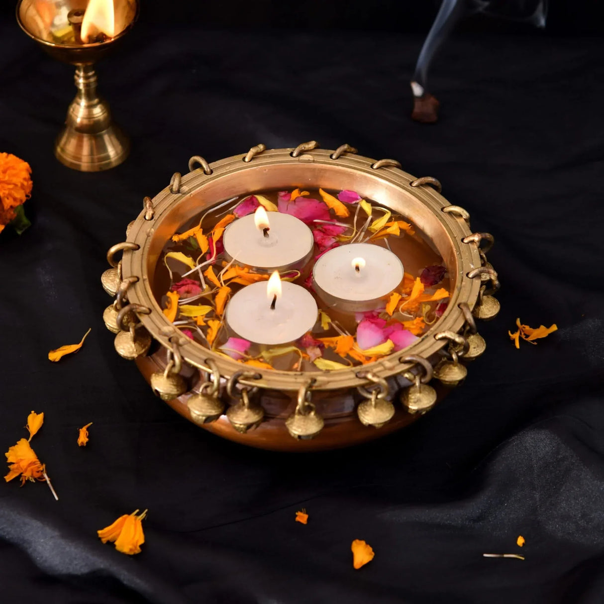 LOVENSPIRE Brass Urli Bowl with Ghungroo 2.7 Inch Indian Ethnic Urli Bowls for Floating Flowers Tea Light Candles Home Office Pooja Room Diwali Decor Showpiece Housewarming Gift - LoveNspire