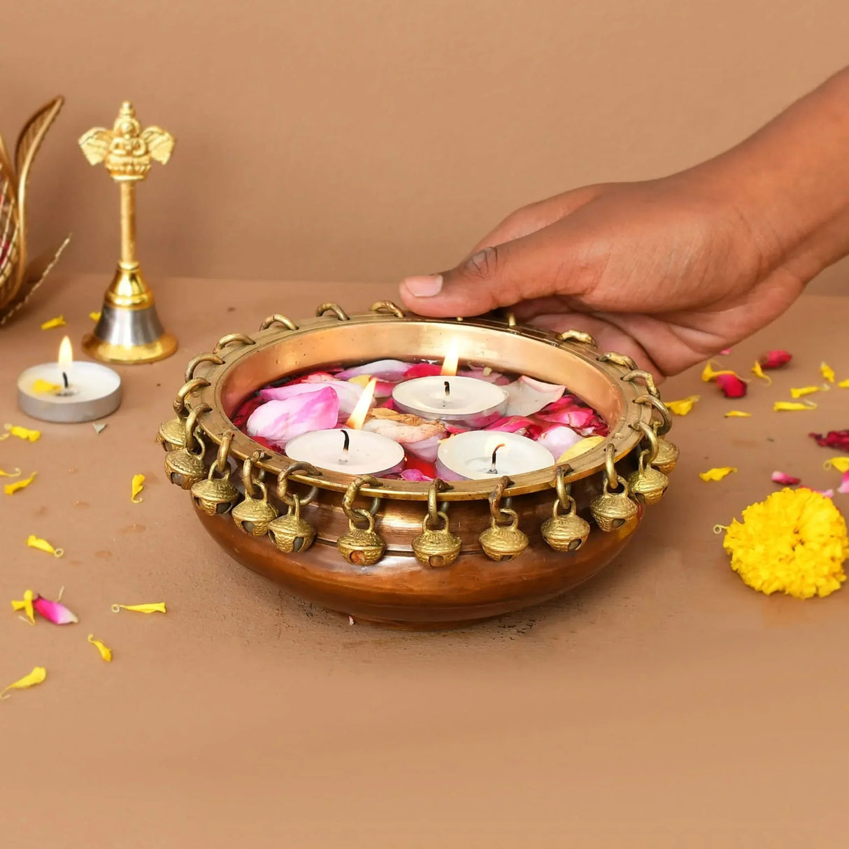 LOVENSPIRE Brass Urli Bowl with Ghungroo 2.7 Inch Indian Ethnic Urli Bowls for Floating Flowers Tea Light Candles Home Office Pooja Room Diwali Decor Showpiece Housewarming Gift - LoveNspire