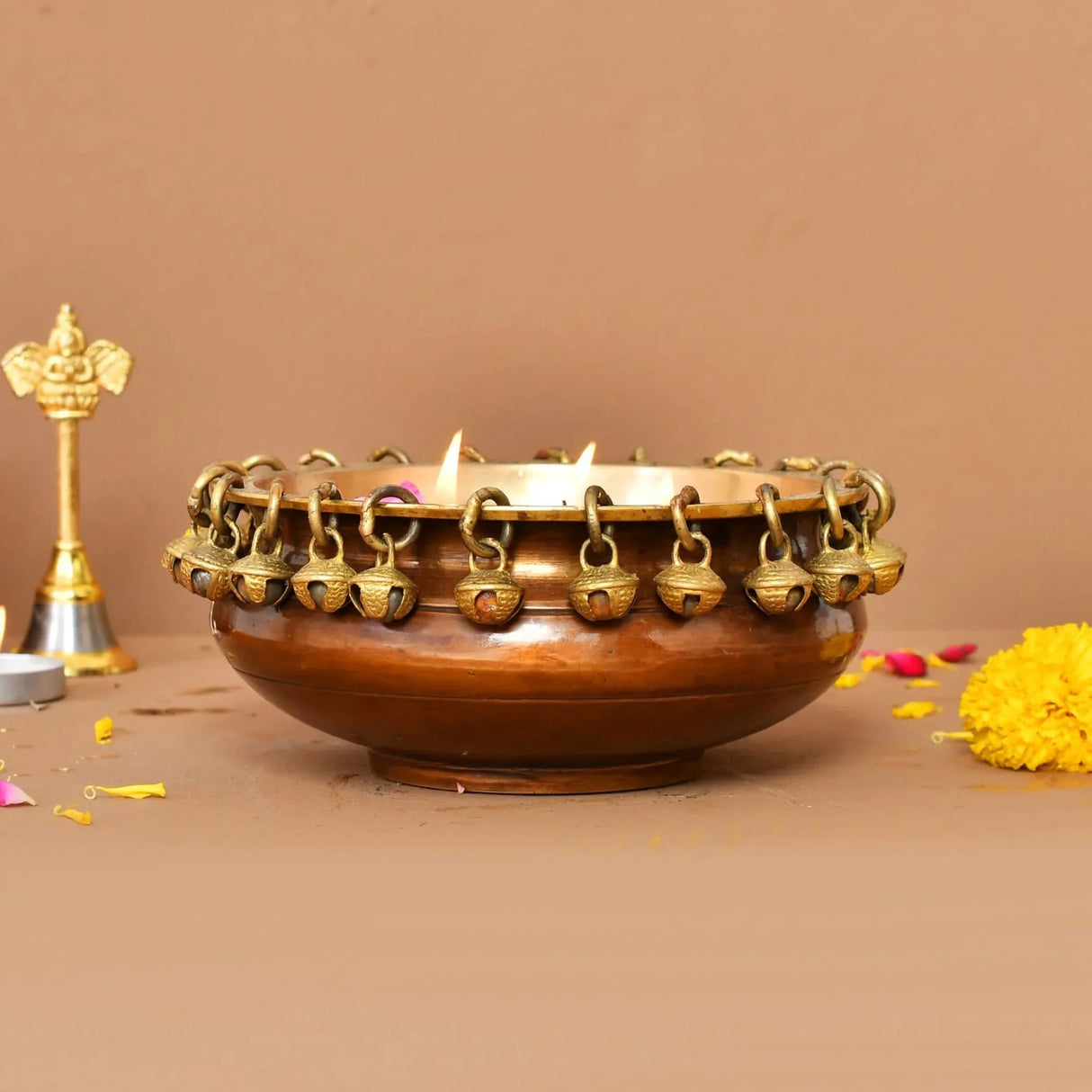 LOVENSPIRE Brass Urli Bowl with Ghungroo 2.7 Inch Indian Ethnic Urli Bowls for Floating Flowers Tea Light Candles Home Office Pooja Room Diwali Decor Showpiece Housewarming Gift - LoveNspire