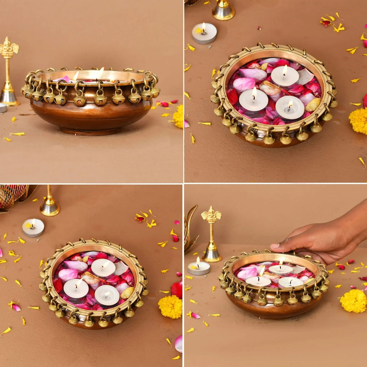 LOVENSPIRE Brass Urli Bowl with Ghungroo 2.7 Inch Indian Ethnic Urli Bowls for Floating Flowers Tea Light Candles Home Office Pooja Room Diwali Decor Showpiece Housewarming Gift - LoveNspire