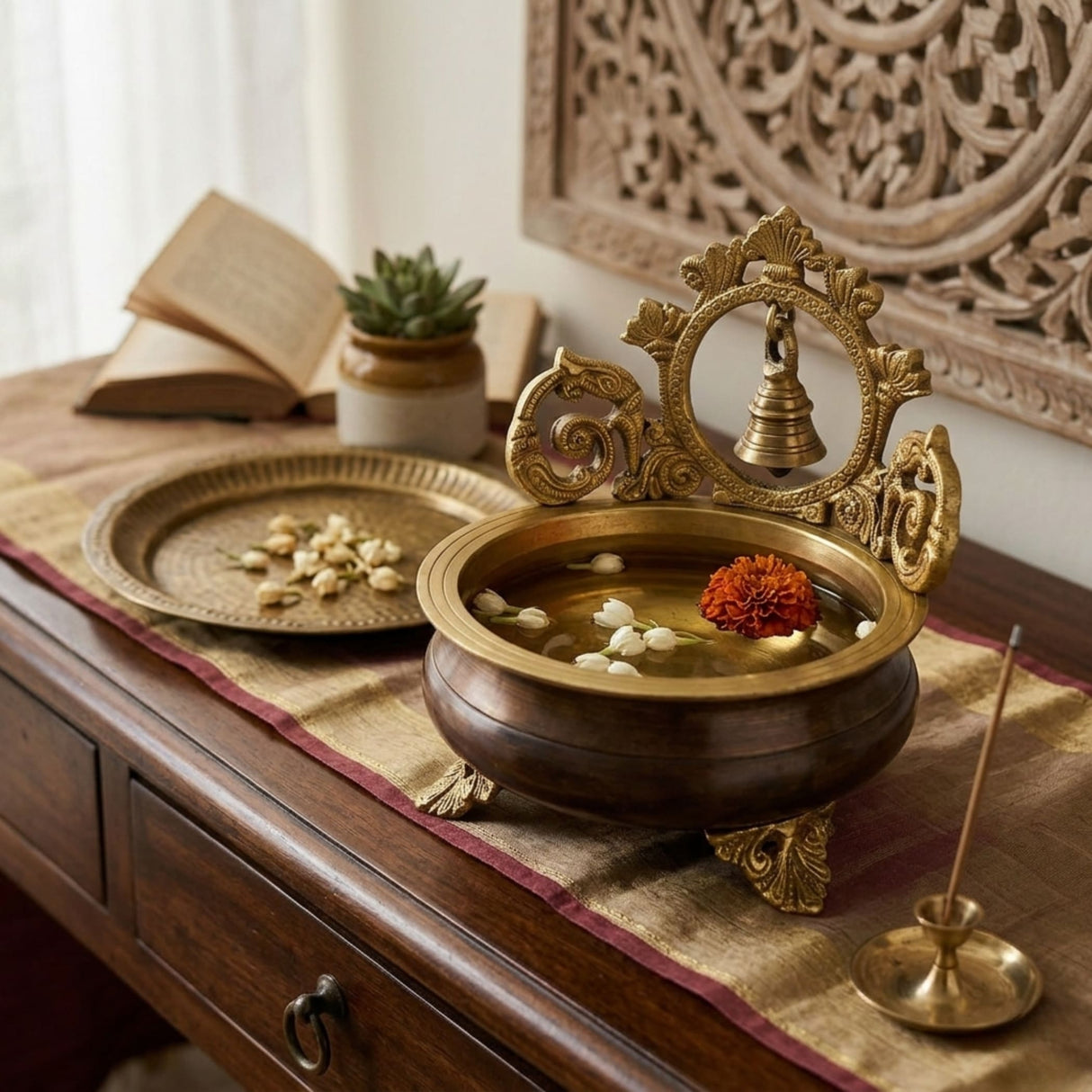 7 Inch ornate brass urli bowl with bell, floating flowers, marigold