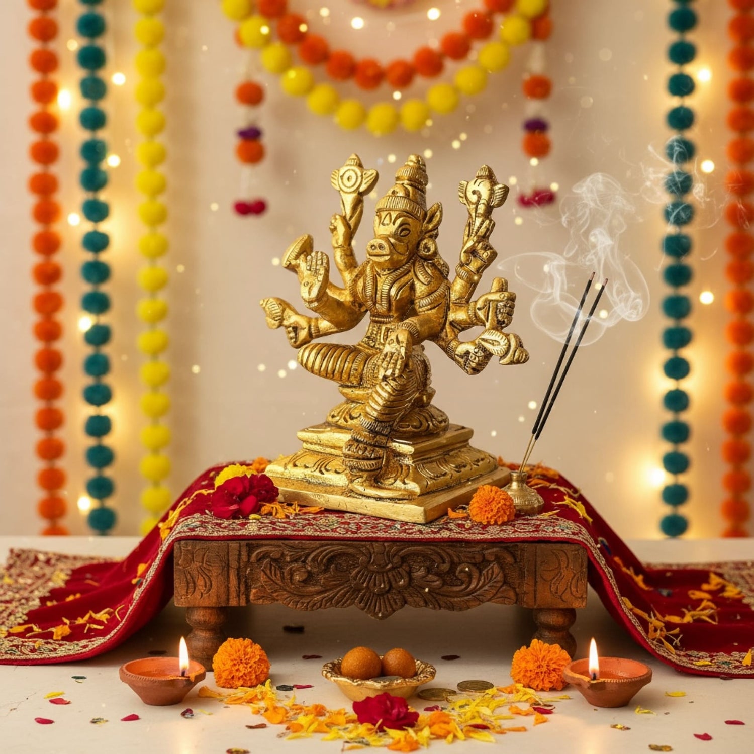 Golden brass Varahi Devi statue with intricate design and red cloth for Pooja room
