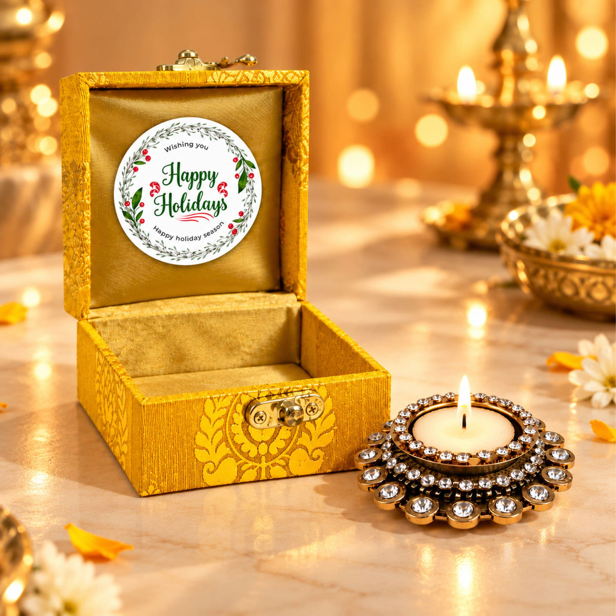 Golden ornate brocade box gift hamper with happy holidays sticker inside lid and tealight candle holders for festive gifts