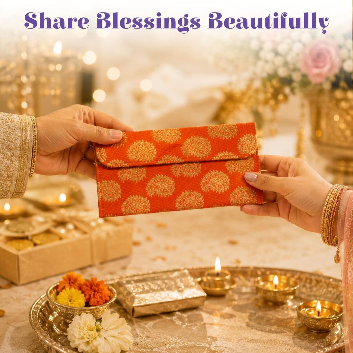 Orange brocade fabric money envelope with gold circular paisley patterns for indian wedding and cash gift use