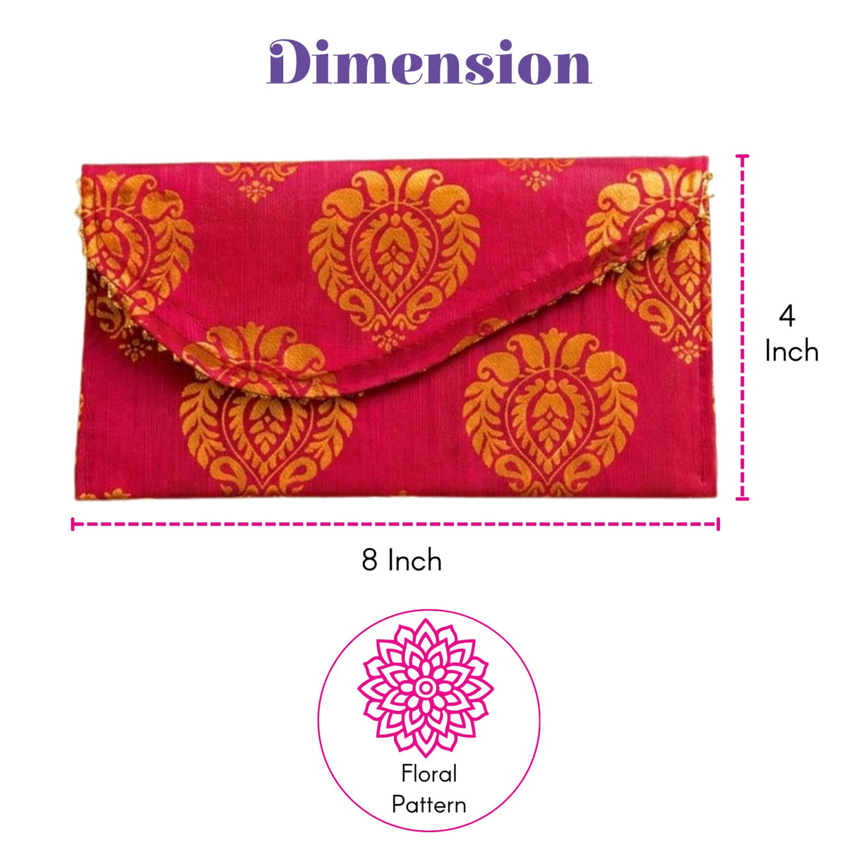 A vibrant pink brocade fabric money envelope with an ornate gold floral pattern for indian wedding cash gifts