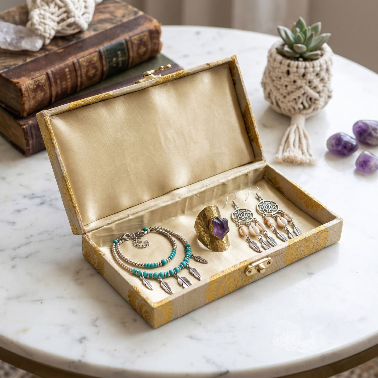 Gold-patterned brocade gift box with beige satin lining holding turquoise beaded bracelets and dreamcatcher earrings for wedding favors