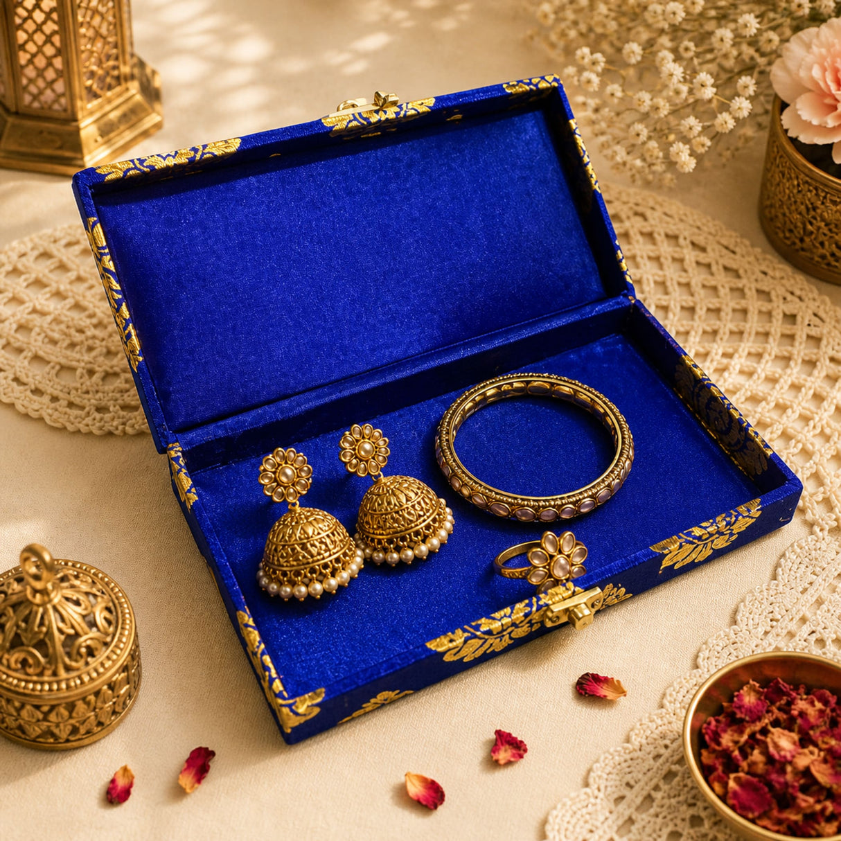 Golden jhumka earrings with floral detailing and pearls in royal blue velvet brocade gift box for wedding favors
