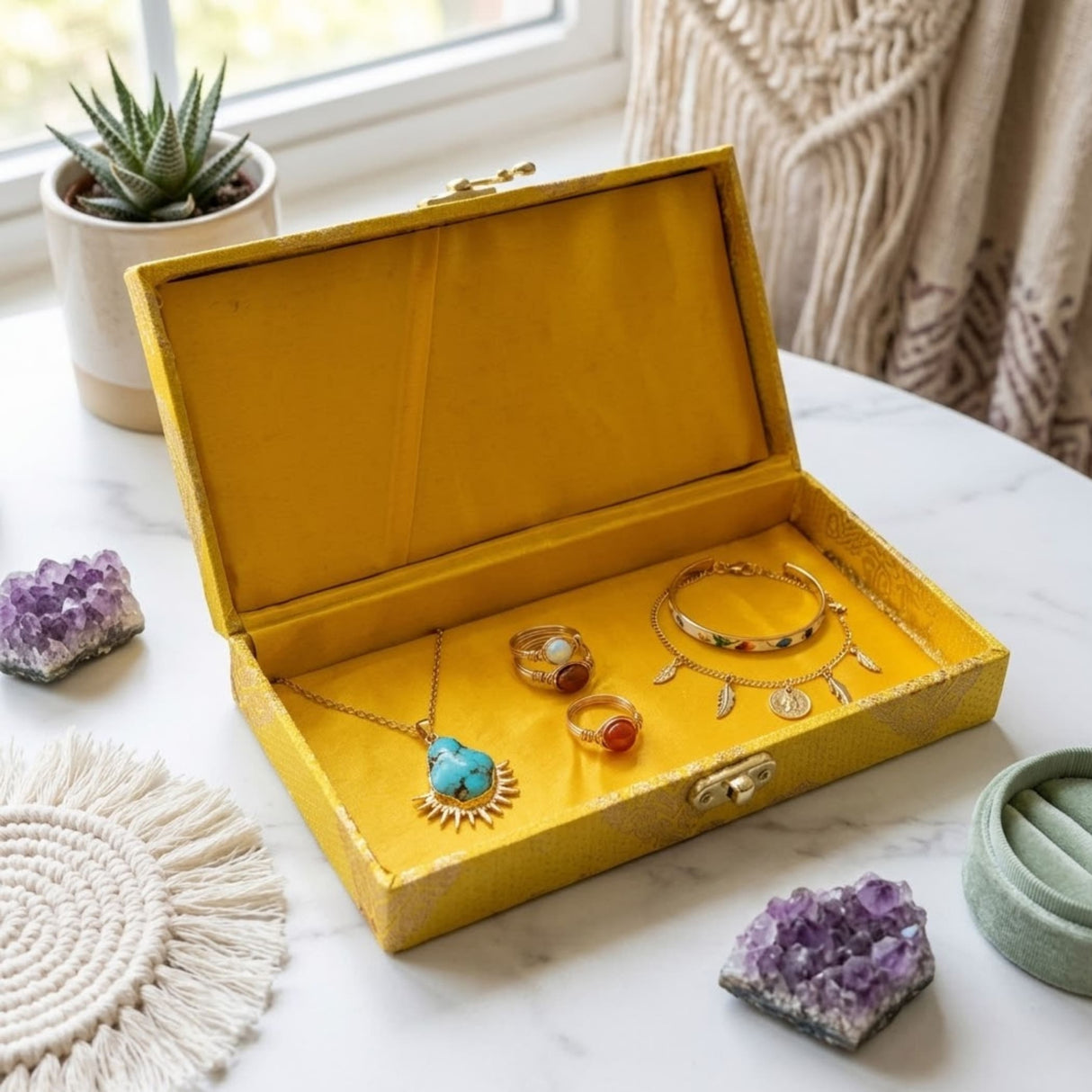 Bright yellow velvet-lined brocade gift box with gold-tone clasps for Indian Muslim Pakistani Punjabi wedding favors