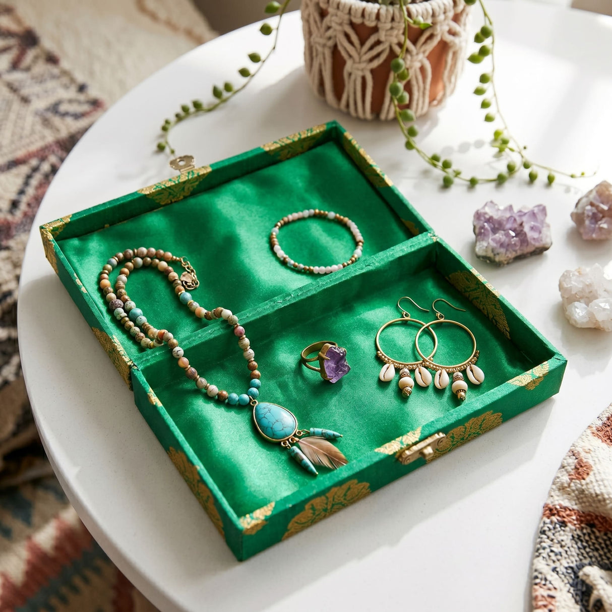 Green velvet brocade gift box with gold trim displaying beaded jewelry for indian muslim pakistani wedding favors