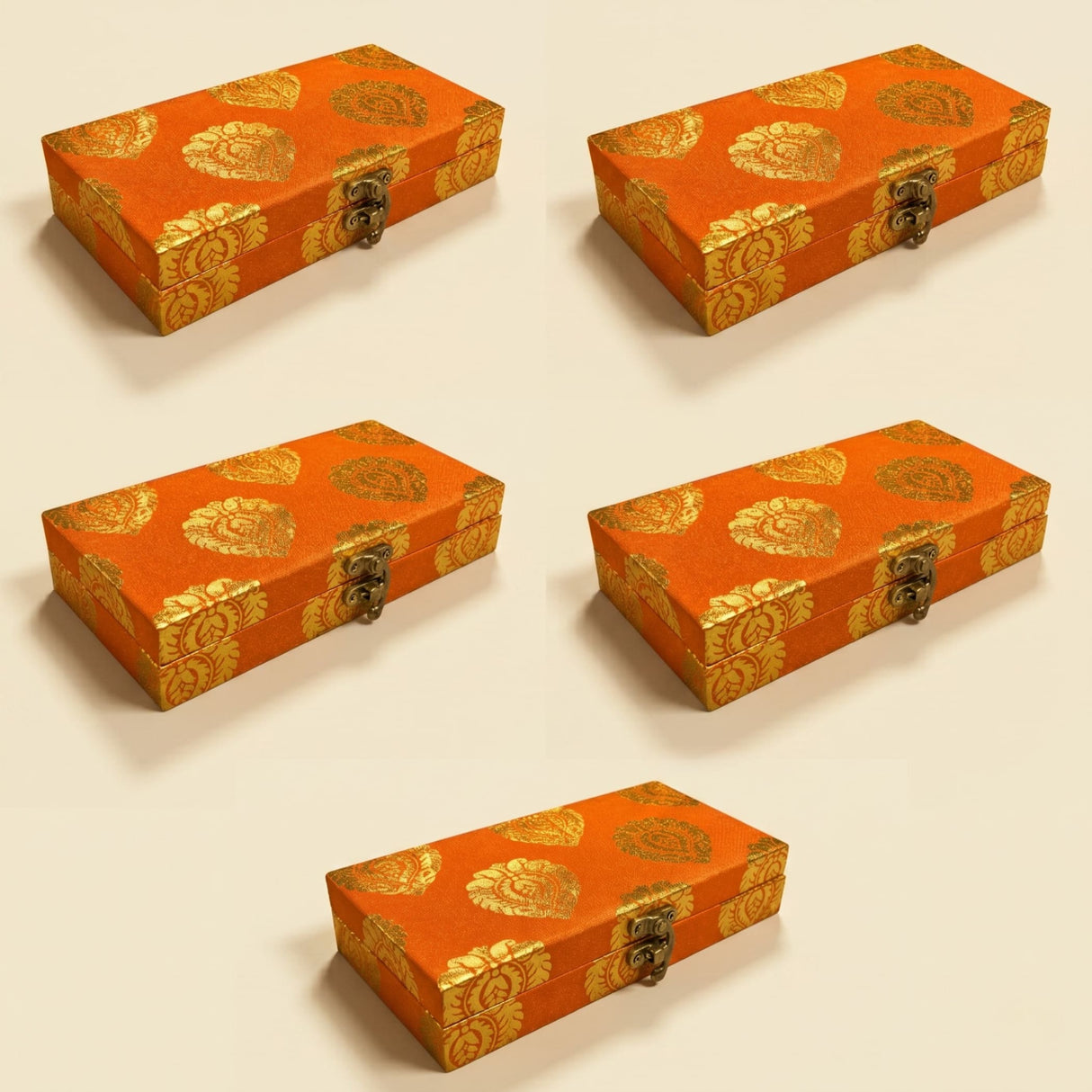 Orange brocade gift box with gold floral pattern and metallic clasp for indian muslim pakistani wedding favors