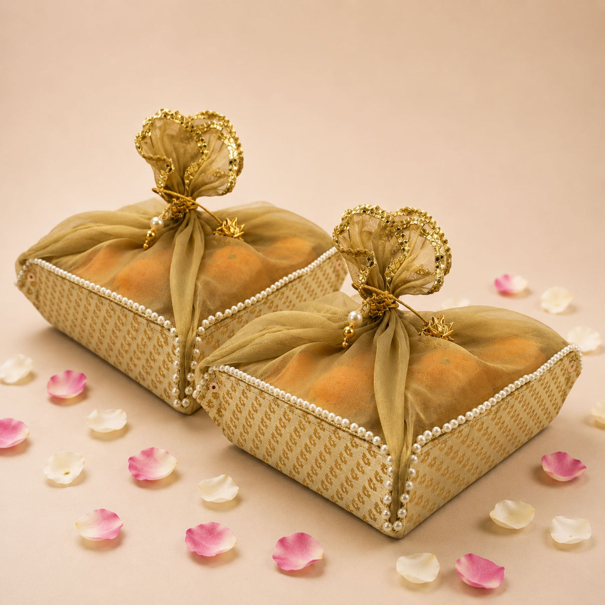 Gold-colored intricately woven brocade gift boxes with sheer fabric ties and pearl embellishments for indian mithai storage