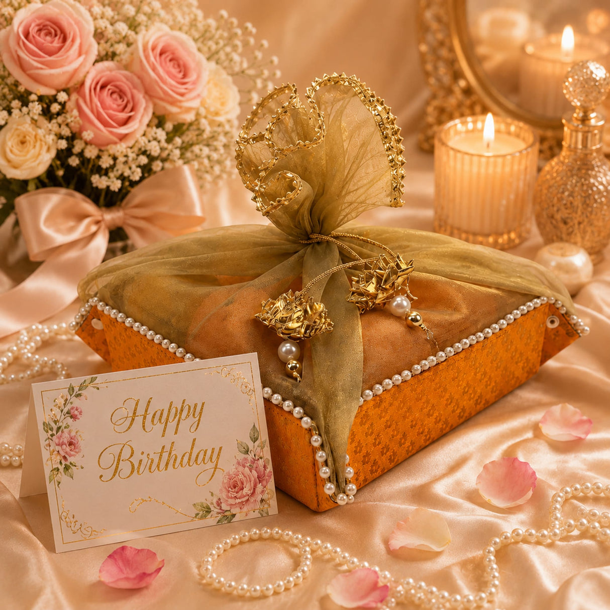 Ornate 2ct indian mithai gift box in olive green organza with gold floral charms and pearl trim for shagun return gifts