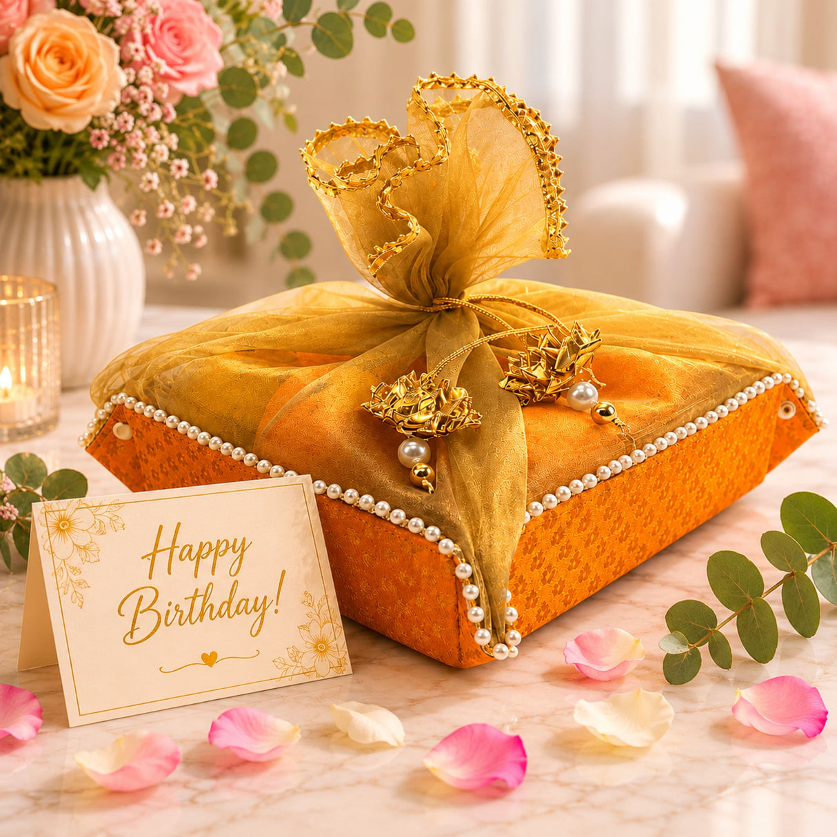 Orangish-gold 2ct gift basket indian mithai box wrapped in sheer gold organza with pearl trim and lotus charms