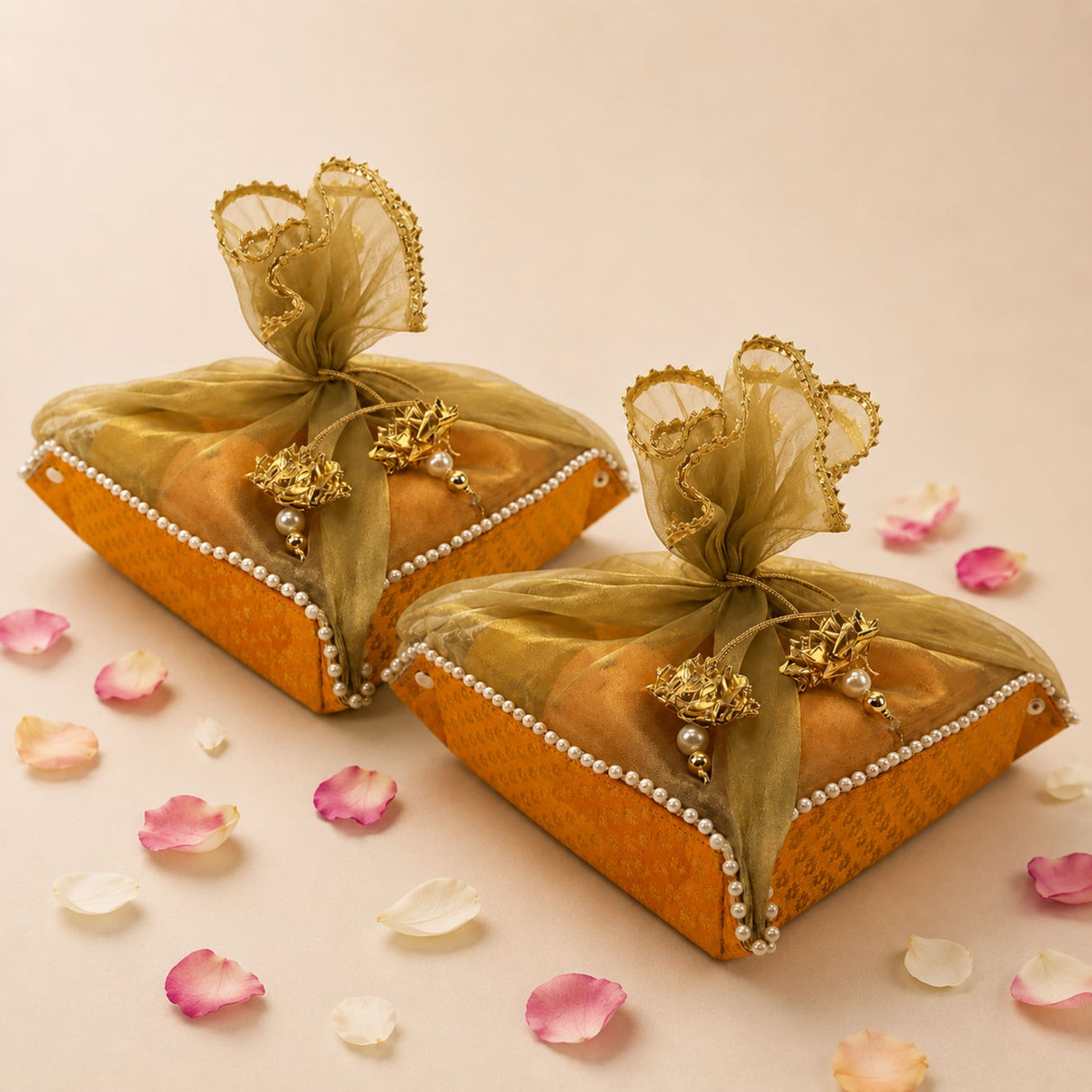 Ornagish-gold rectangular brocade jewelry organizer box with sheer gold organza bows and pearl-trimmed edges for shagun gifts