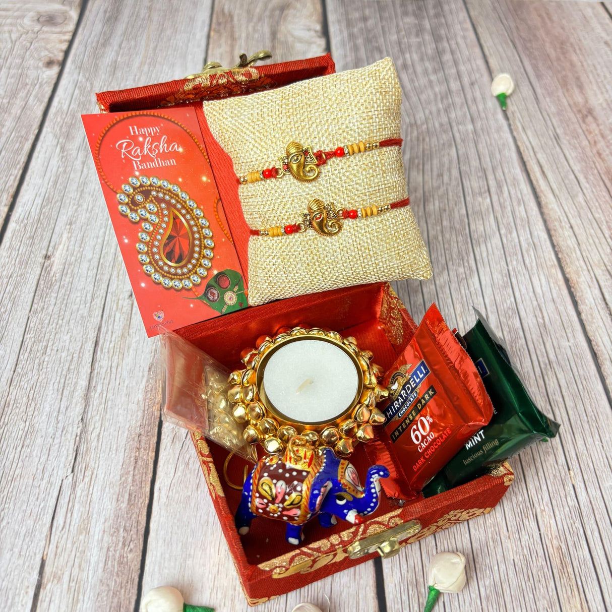 Rakhi Gift Hamper for Brother 2PC Ganesha Rakhi with Candle Holder Ceramic Key Chain Roli Chawal Rakshabandhan Card Chocolates with Premium Brocade Gift Box - Bracelet for Bhai Bhabhi - LoveNspire
