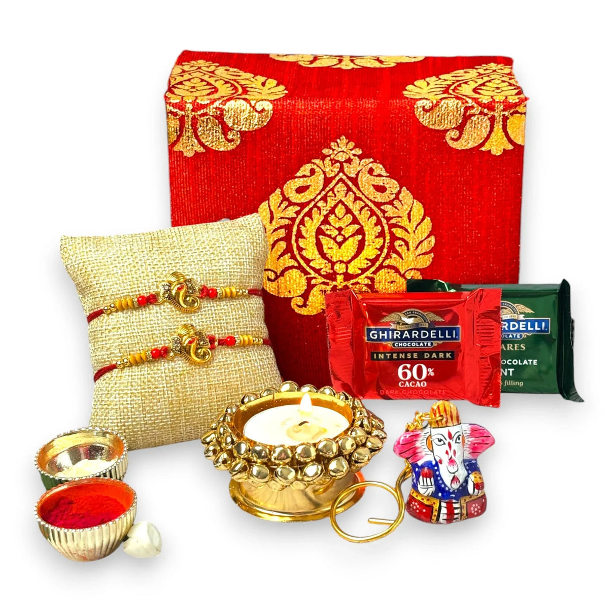 Rakhi Gift Hamper for Brother 2PC Ganesha Rakhi with Candle Holder Ceramic Key Chain Roli Chawal Rakshabandhan Card Chocolates with Premium Brocade Gift Box - Bracelet for Bhai Bhabhi - LoveNspire