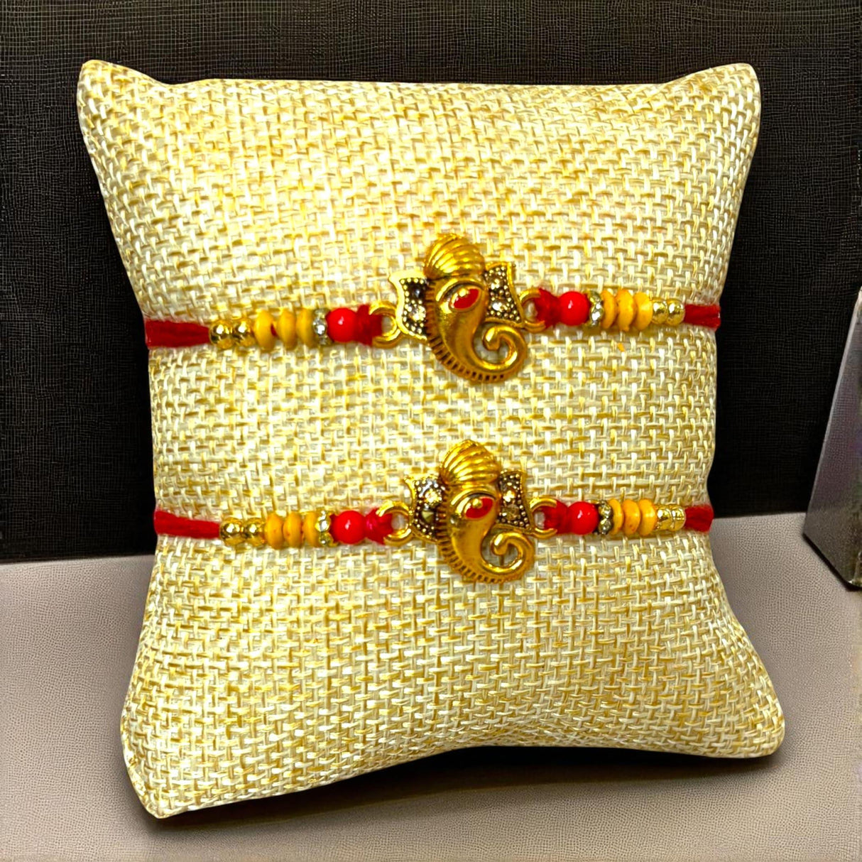 Rakhi Gift Hamper for Brother 2PC Ganesha Rakhi with Candle Holder Ceramic Key Chain Roli Chawal Rakshabandhan Card Chocolates with Premium Brocade Gift Box - Bracelet for Bhai Bhabhi - LoveNspire