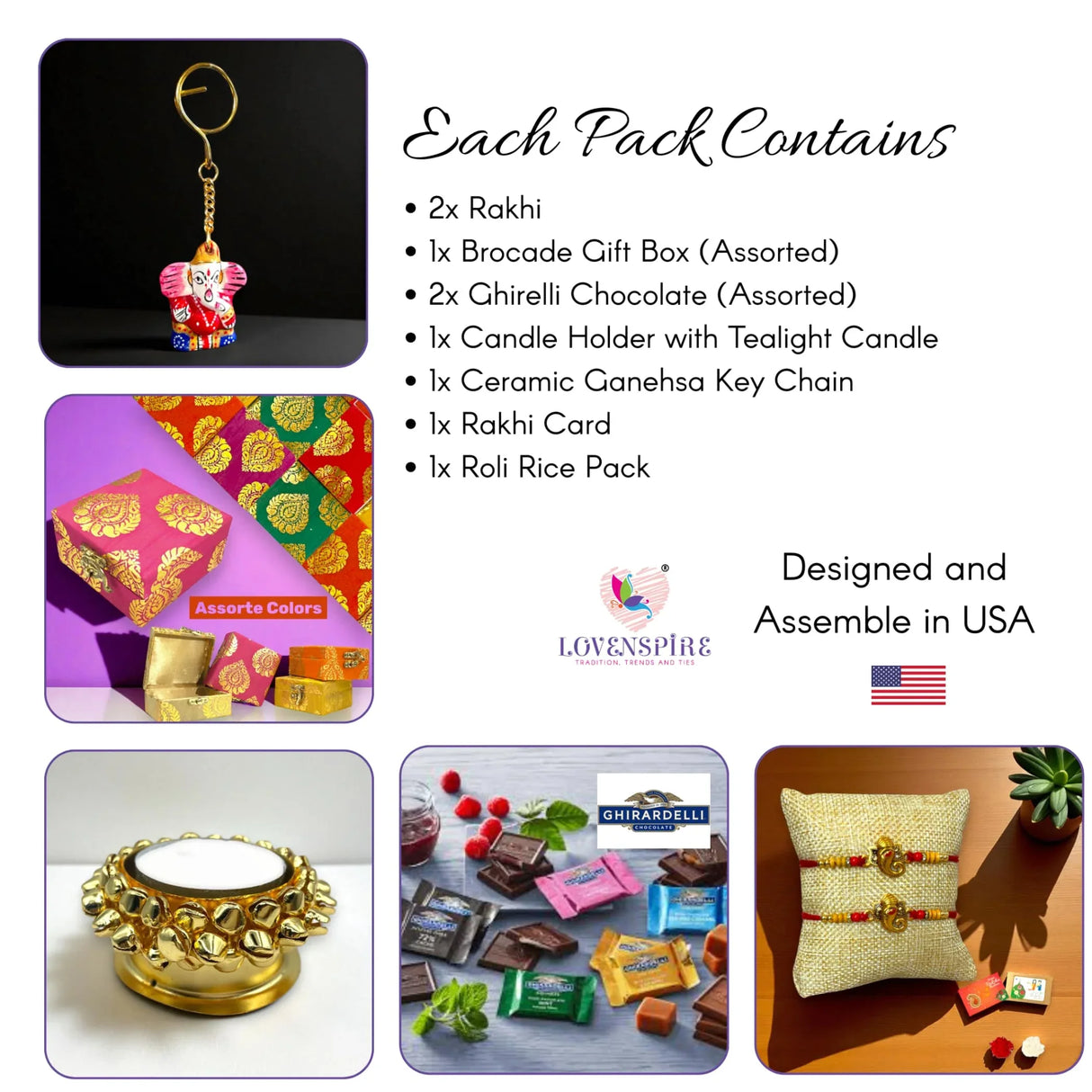 Rakhi Gift Hamper for Brother 2PC Ganesha Rakhi with Candle Holder Ceramic Key Chain Roli Chawal Rakshabandhan Card Chocolates with Premium Brocade Gift Box - Bracelet for Bhai Bhabhi - LoveNspire