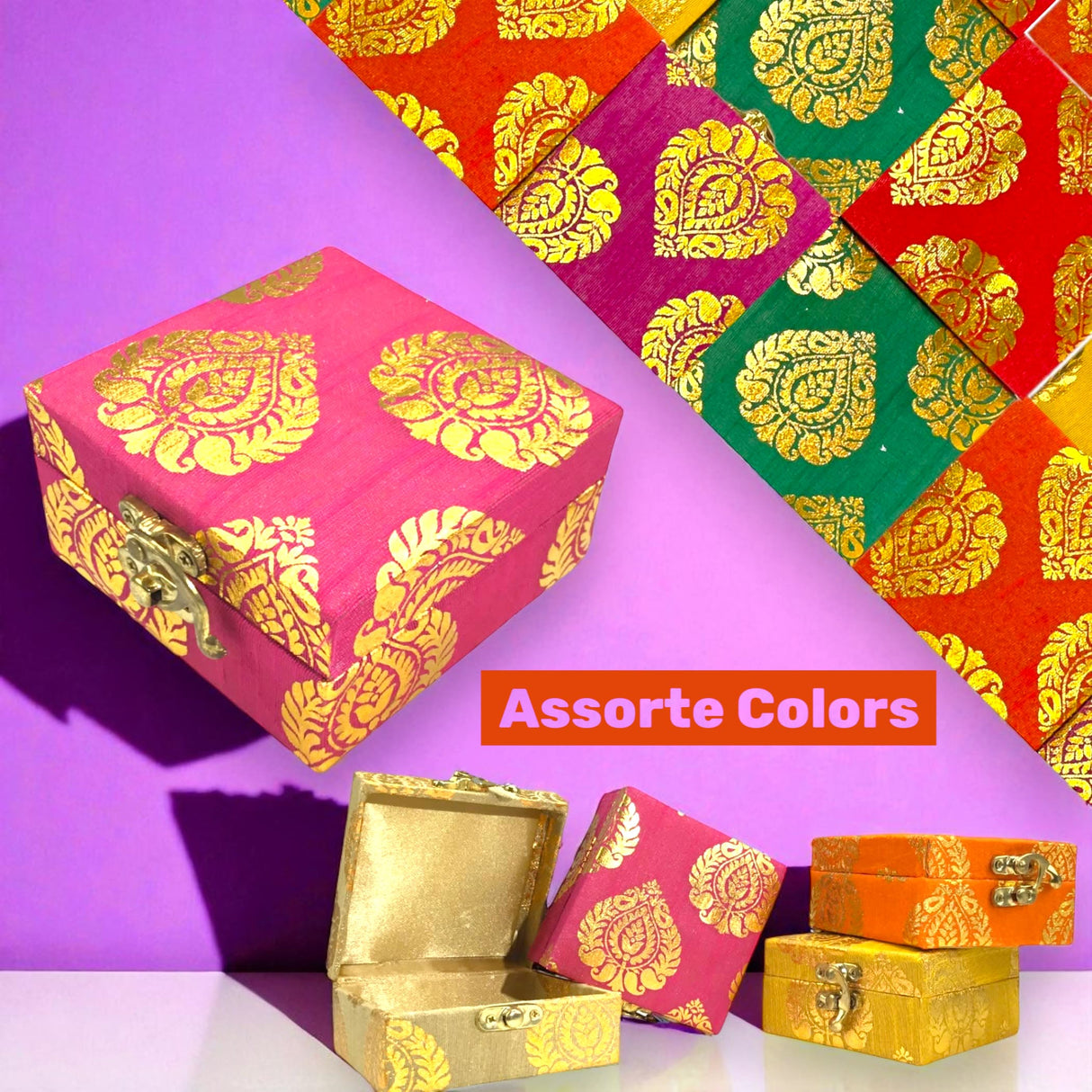 Colorful decorative boxes with gold accents in Brocade Rakhi Gift Hamper for Brother