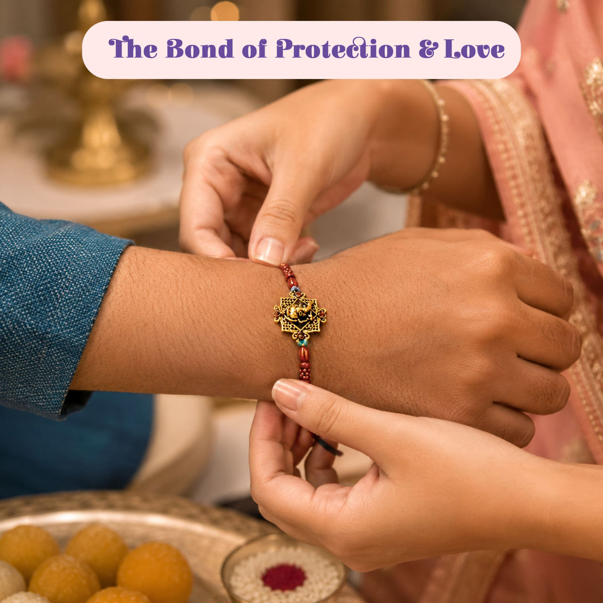 Gold-toned designer rakhi with intricate design and red beaded string for brother and bhabhi gift hamper