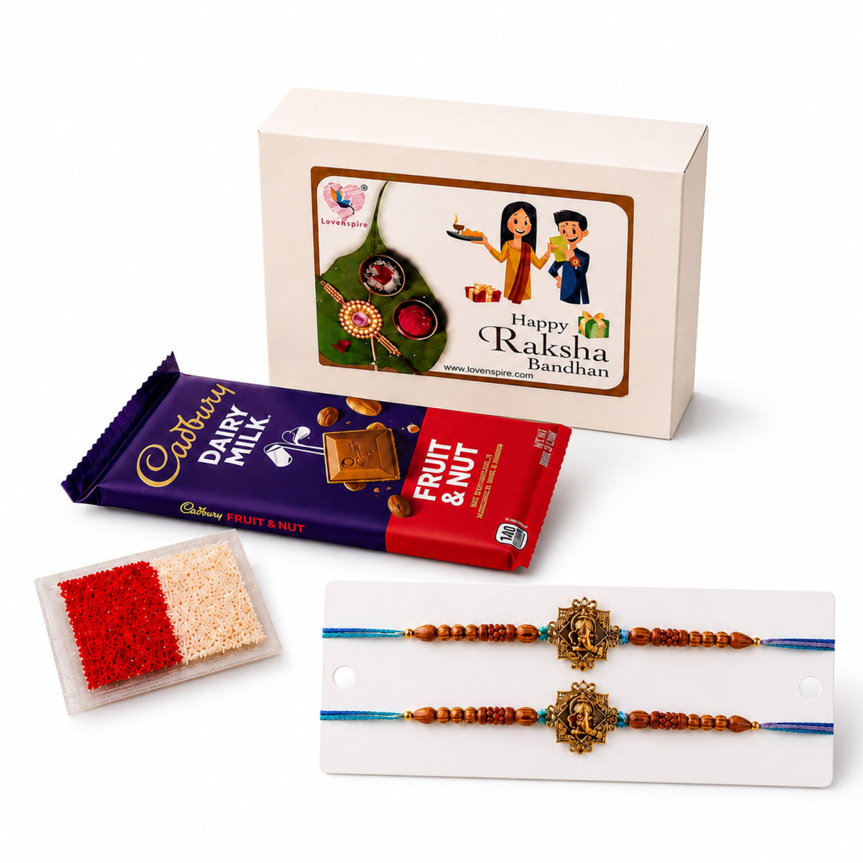 Golden ornate designer rakhi with blue and brown beaded cords in handmade raksha bandhan gift hamper for brother and bhabhi