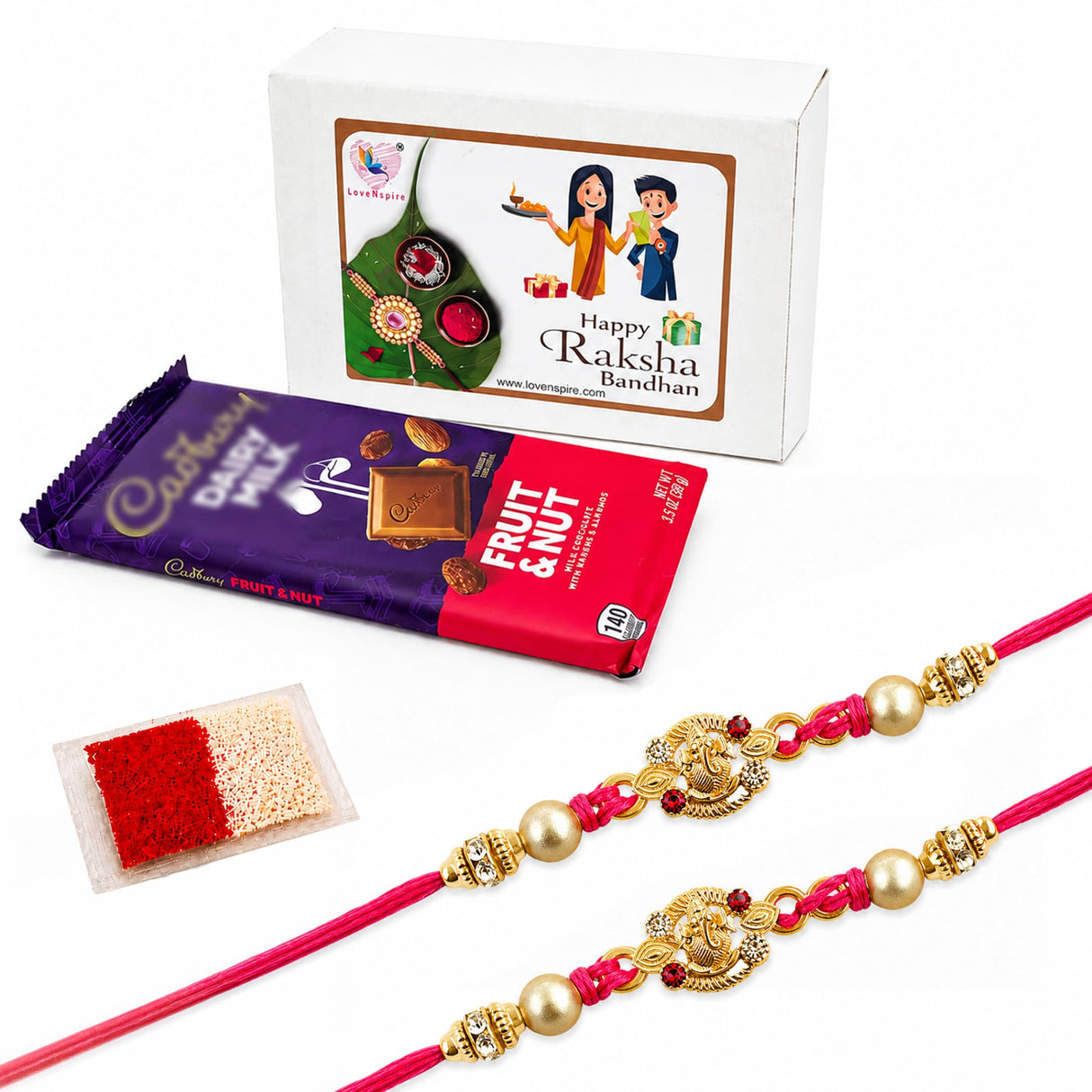 Gold-colored intricately designed ganesha rakhi with pink cord and decorative beads in handmade raksha bandhan gift set