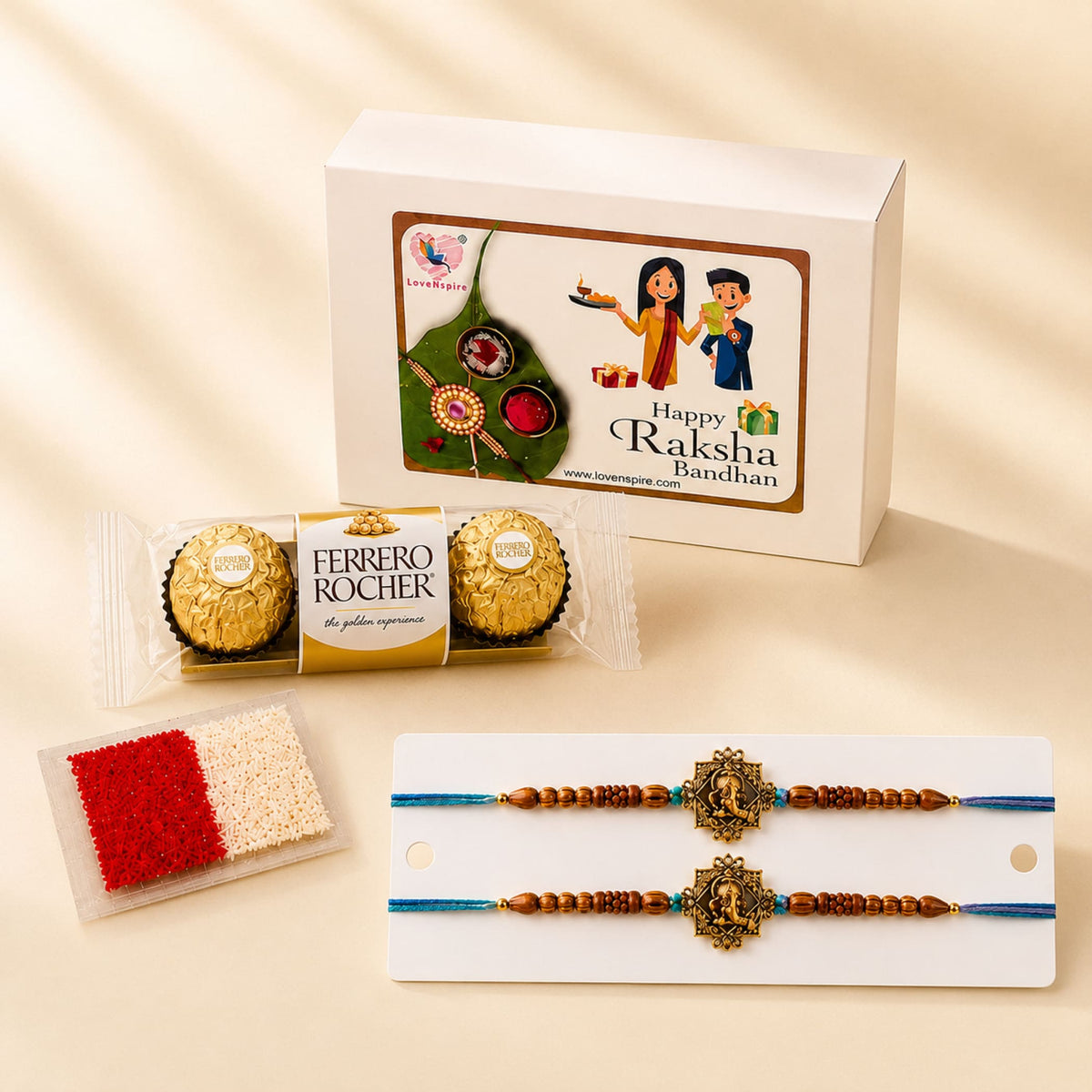 A pair of designer golden rakhi bracelets with blue threads and wooden beads on a white card for brother and bhabhi